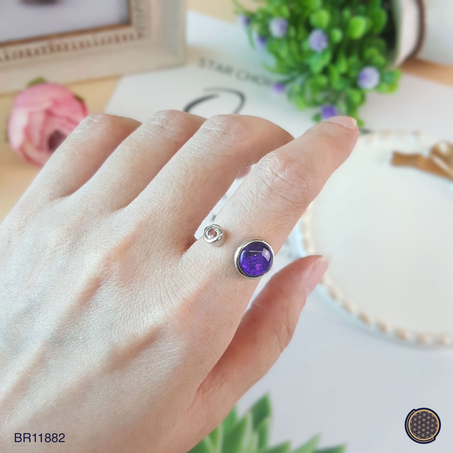10mm 天铁圆形搭配白水晶-紫色戒指