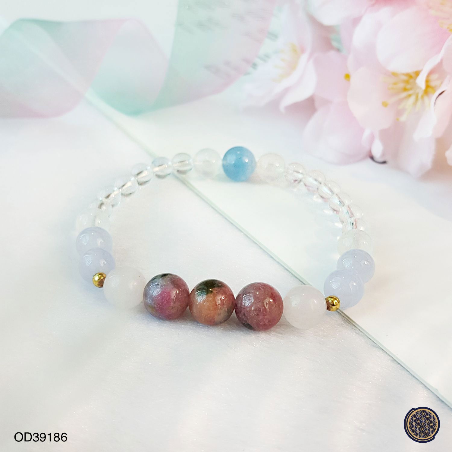 白水晶+ 蓝纹玛瑙 +  月光石 + 樱花彩碧玺手链