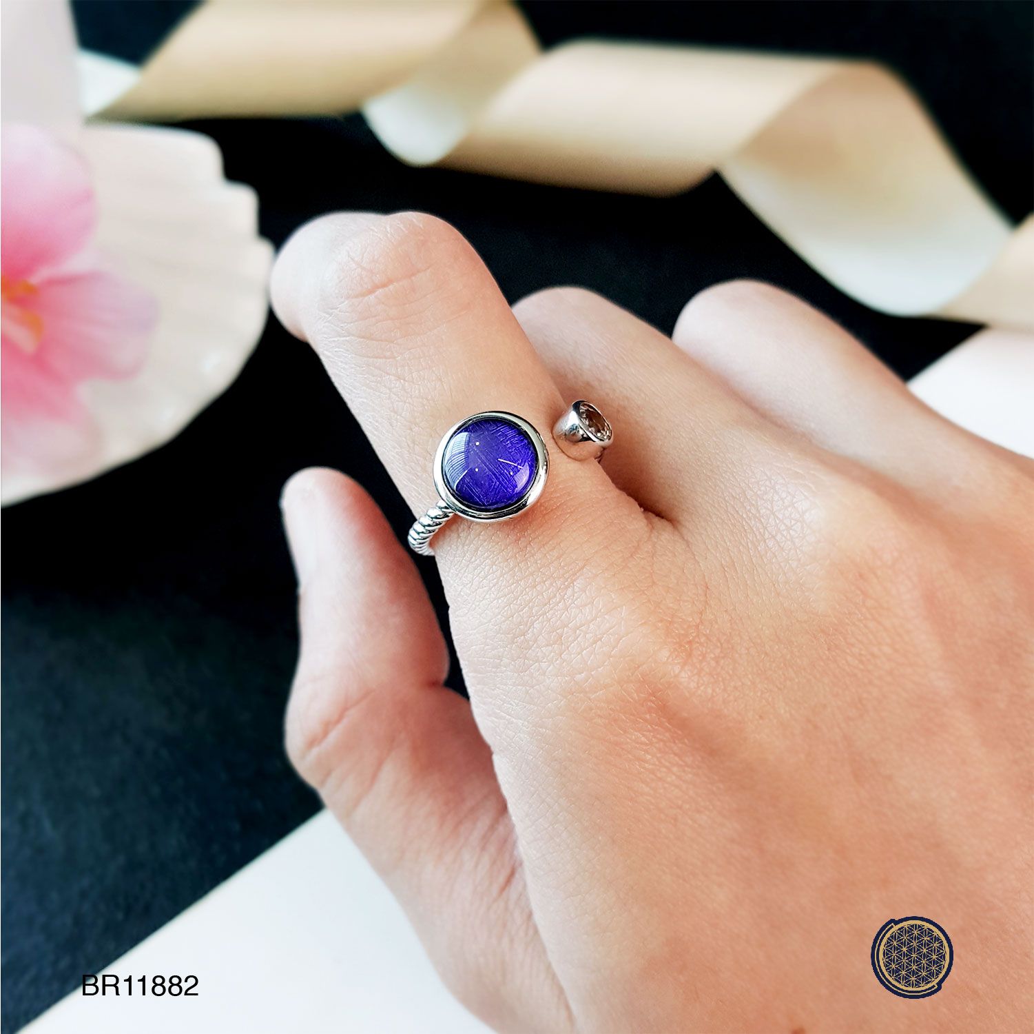 10mm 天铁圆形搭配白水晶-紫色戒指