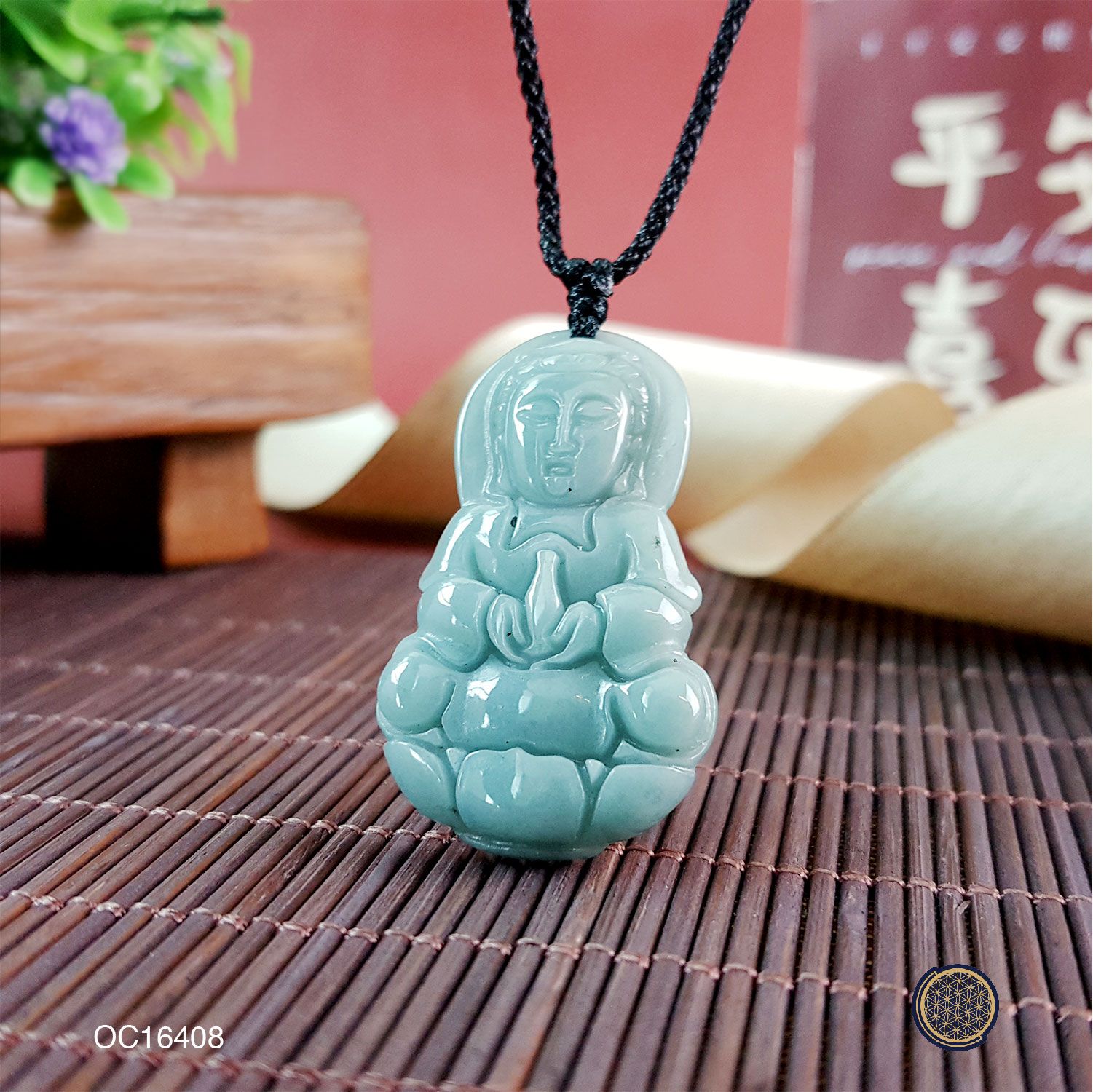 You Qing Jade  Guan Yin Pendant With Black Rope Necklace