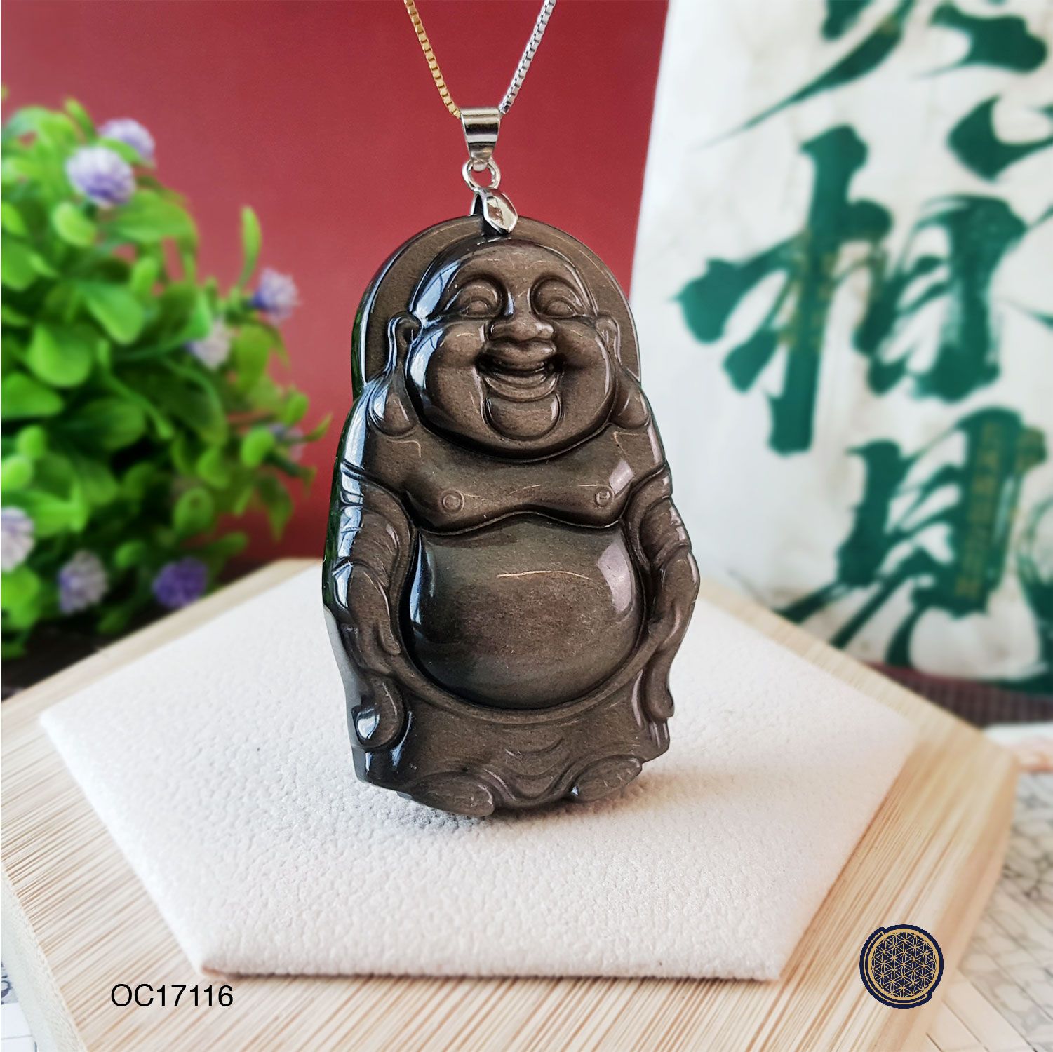 35mm x 55mm Silver Sheen Obsidian  Standing  Laughing Buddha Pendant