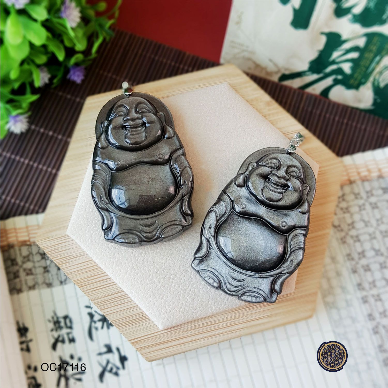 35mm x 55mm Silver Sheen Obsidian  Standing  Laughing Buddha Pendant