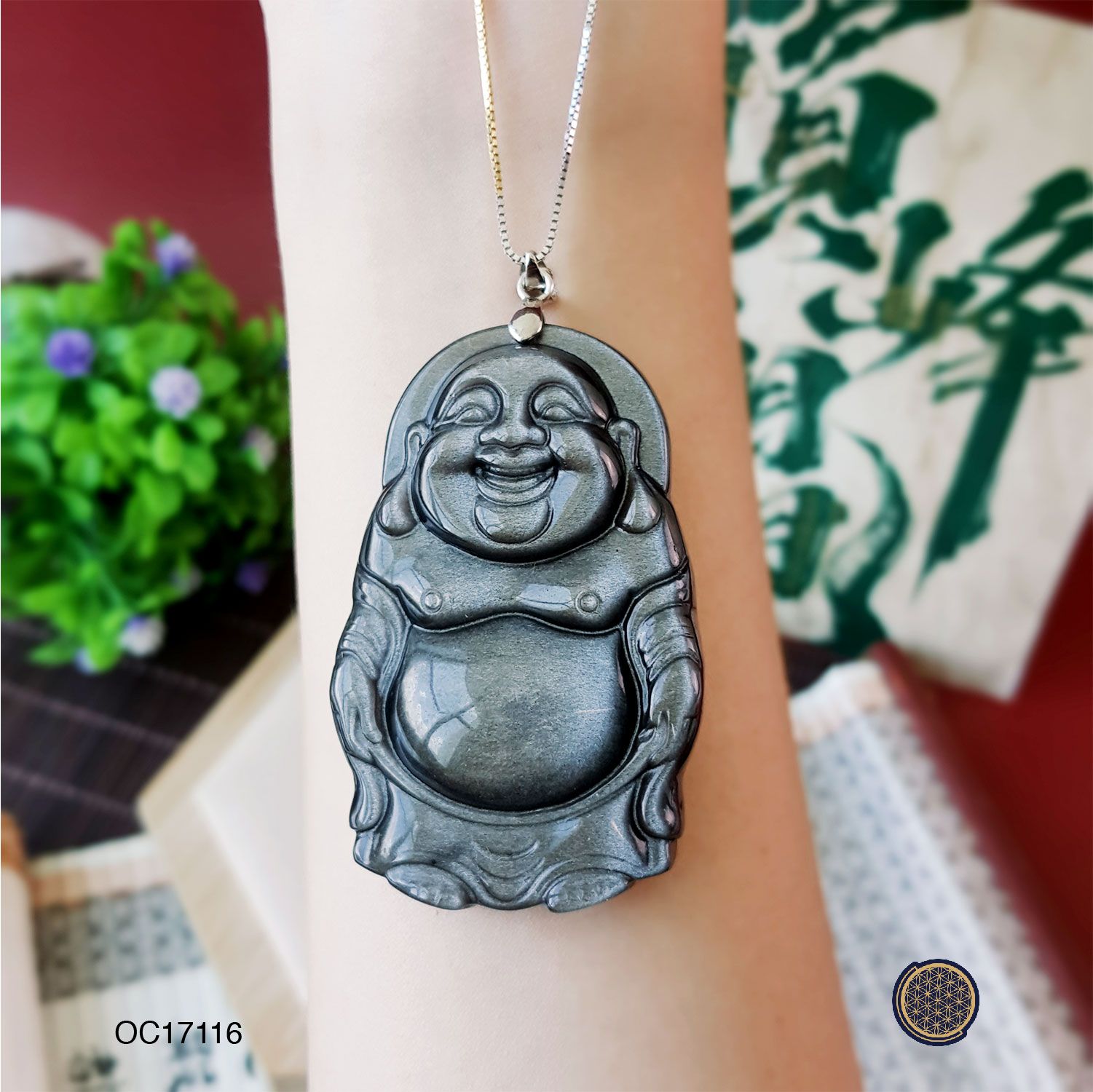 35mm x 55mm Silver Sheen Obsidian  Standing  Laughing Buddha Pendant