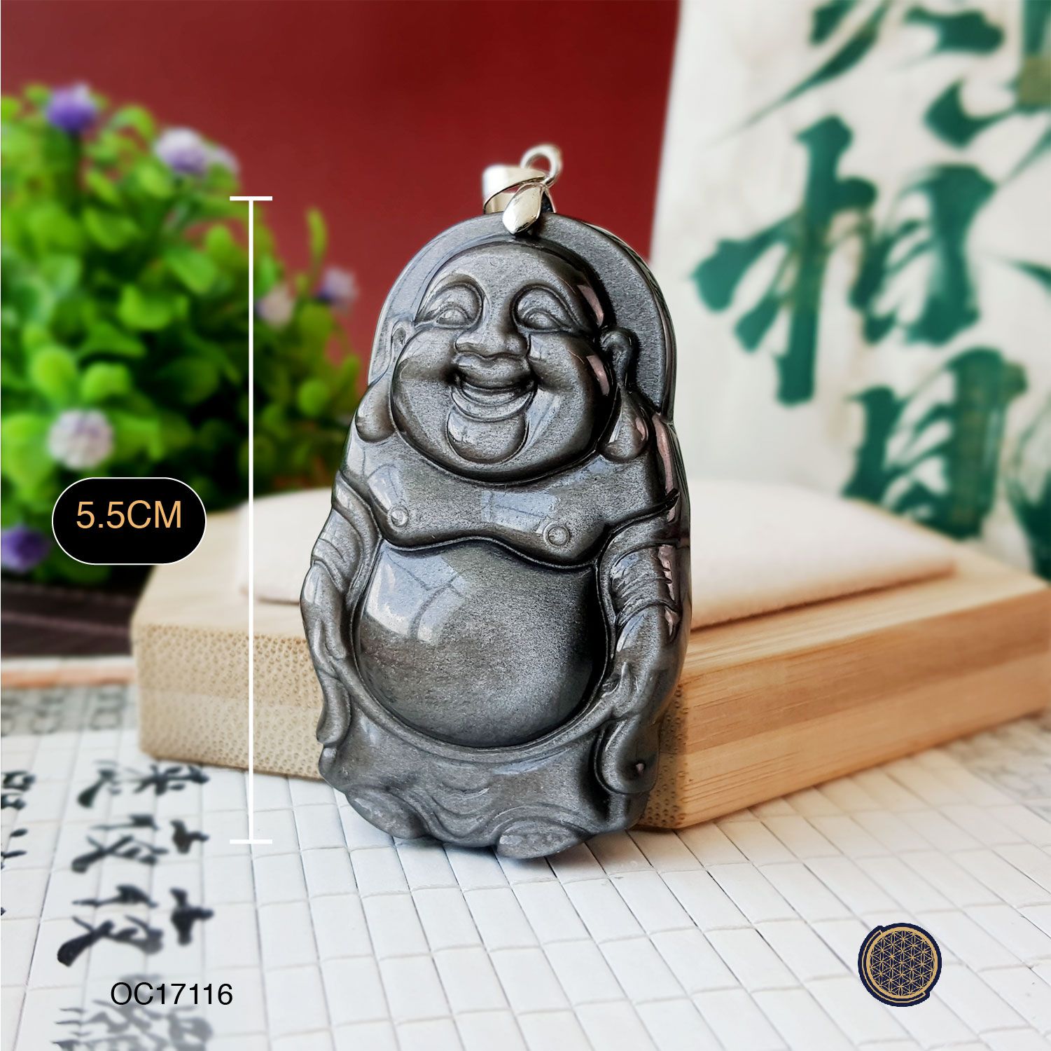 35mm x 55mm Silver Sheen Obsidian  Standing  Laughing Buddha Pendant