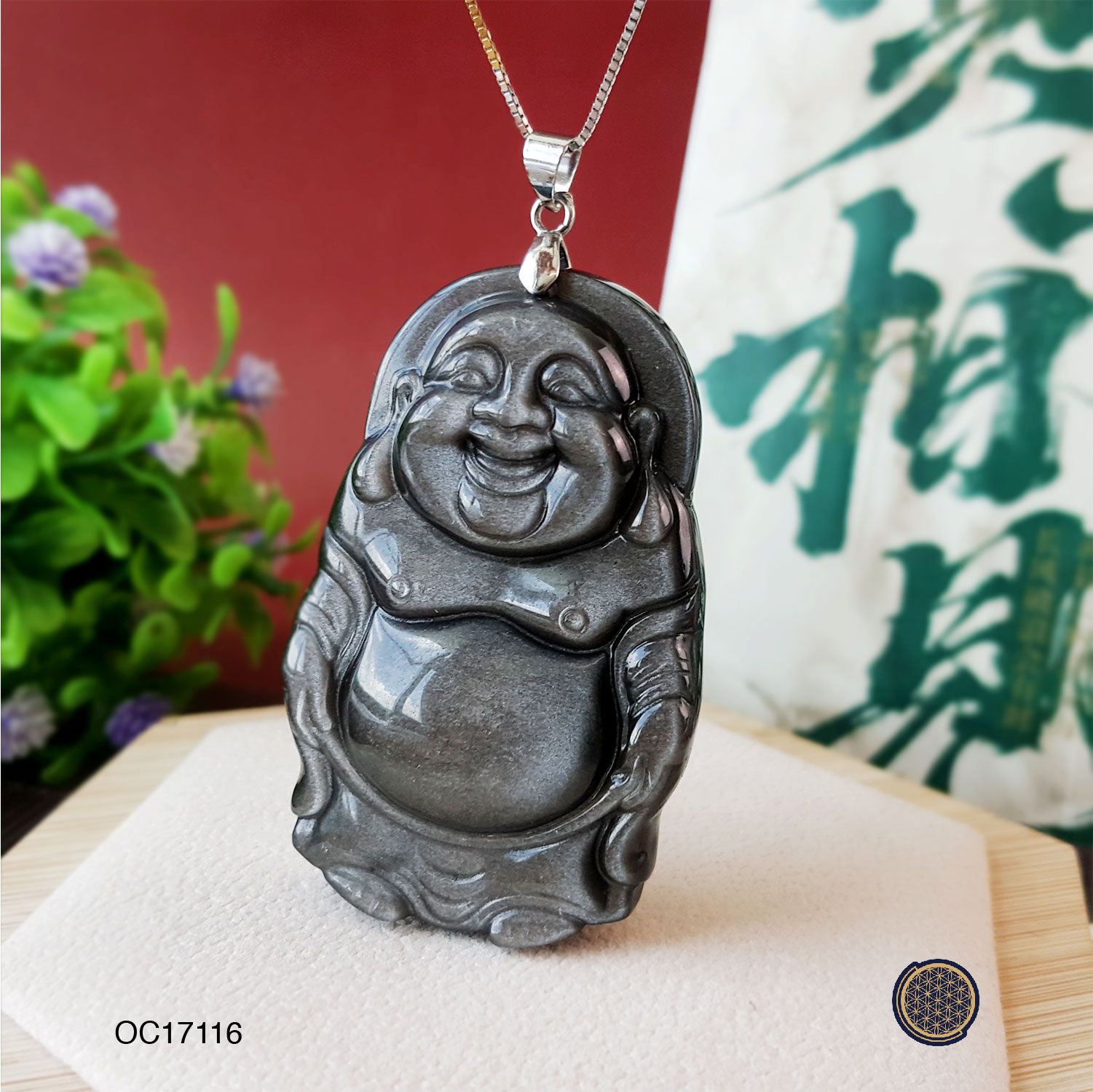 35mm x 55mm Silver Sheen Obsidian  Standing  Laughing Buddha Pendant