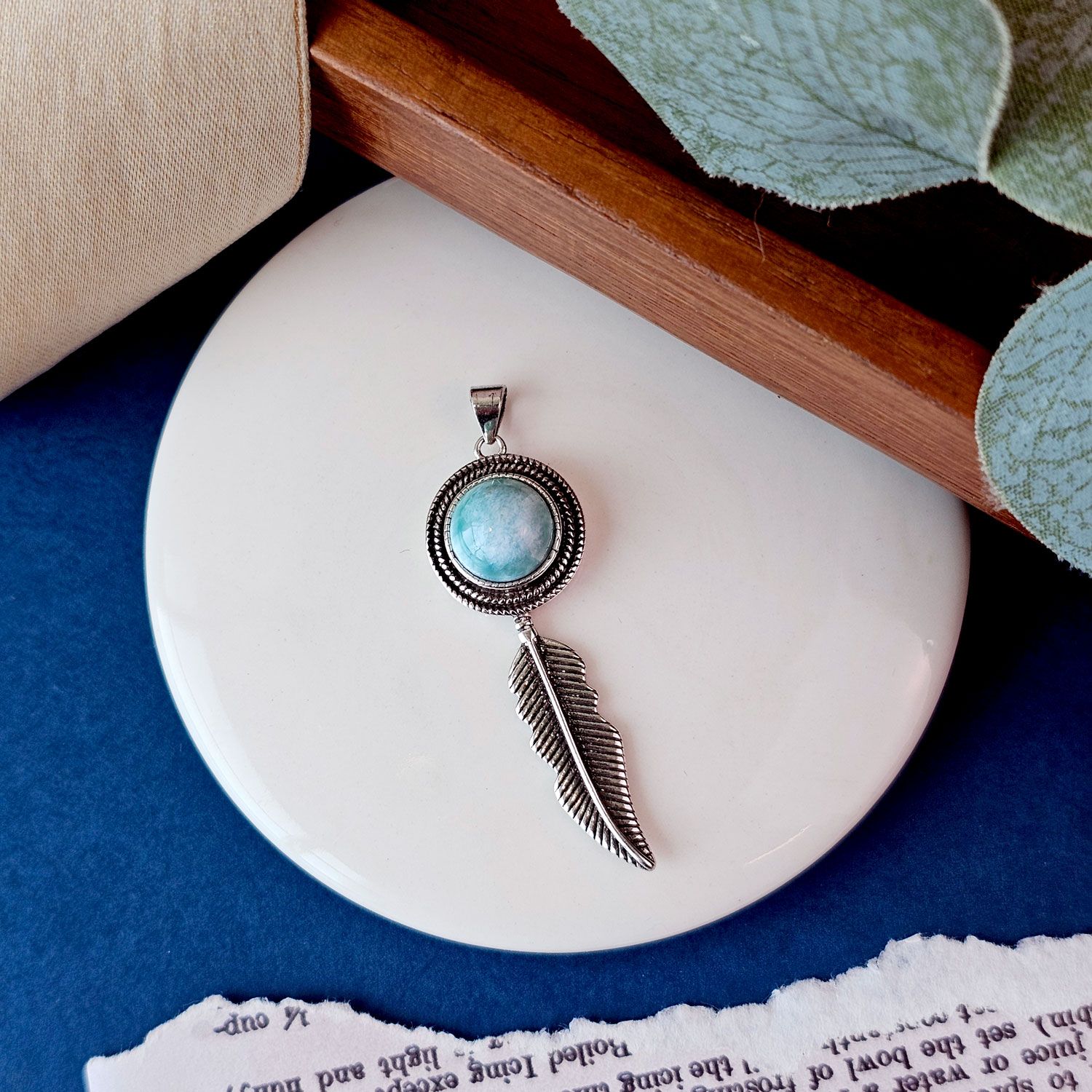 Larimar Vintage Feather Pendant