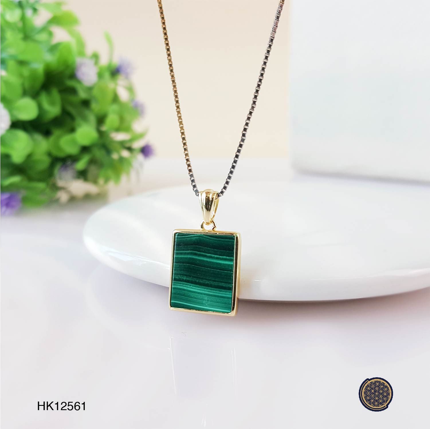 11X13mm Malachite Rectangle Sterling Silver Gold Plated  Pendant