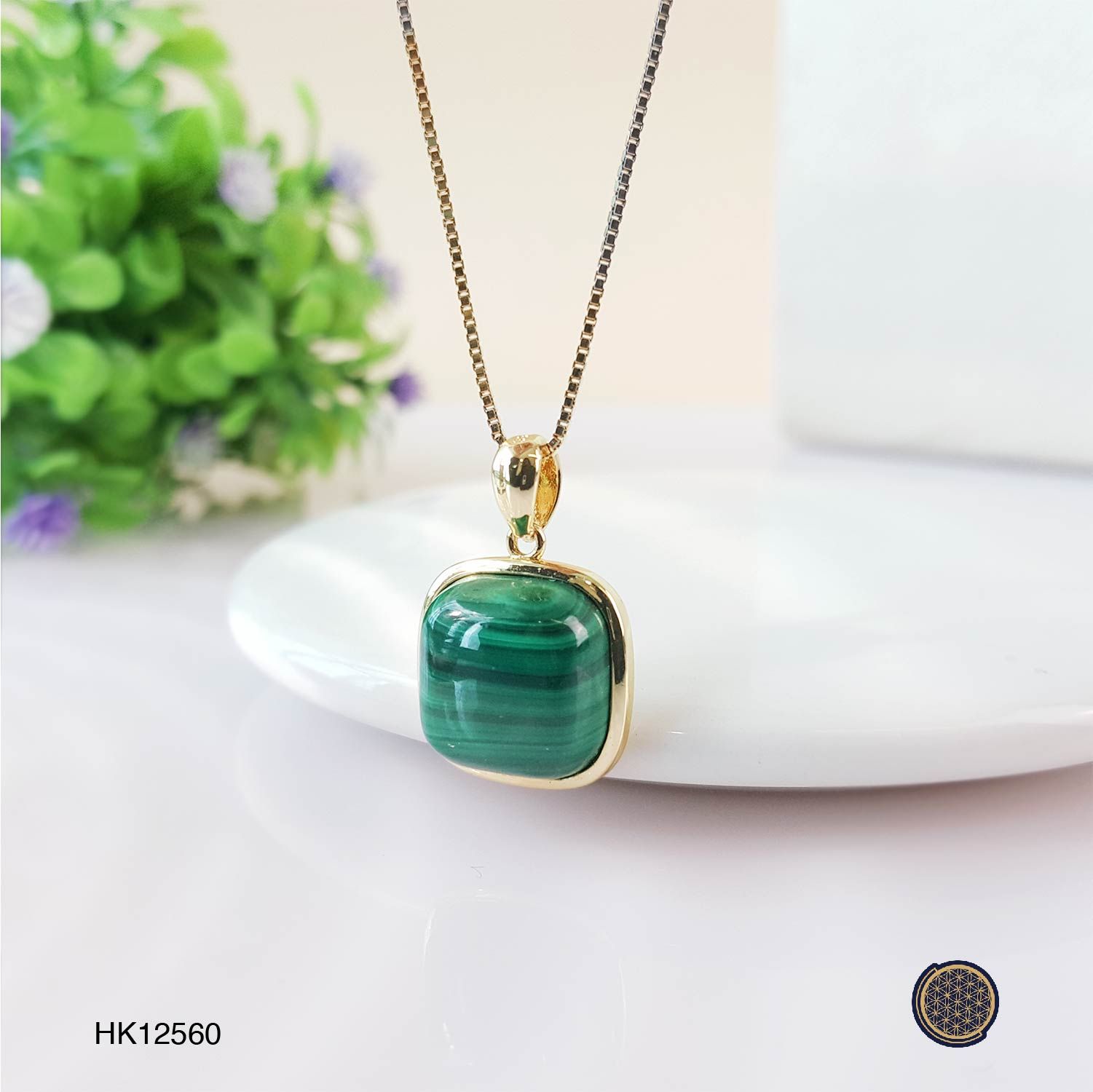 14mm Malachite Square Sterling Silver Gold Plated  Pendant