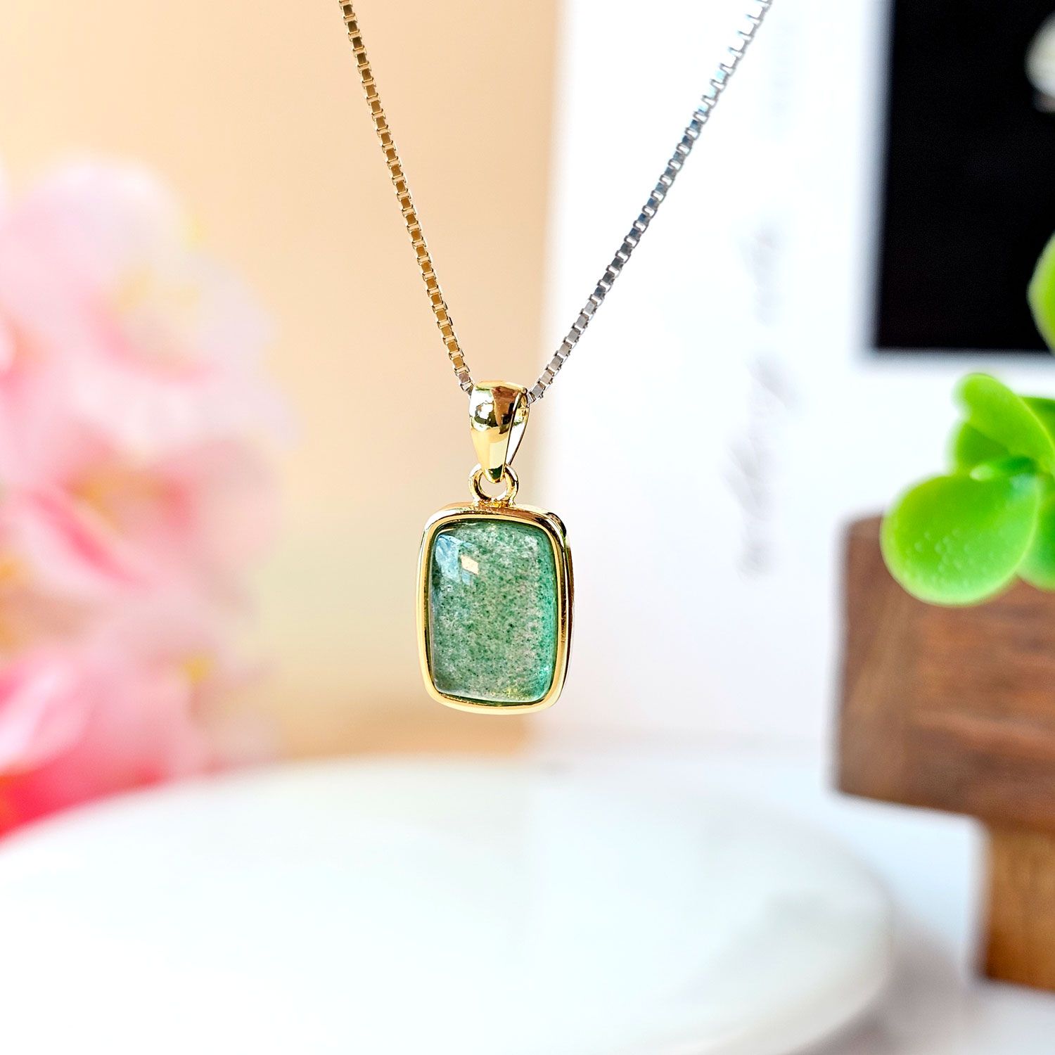 Green Strawberry Stone Rectangle Silver Sterling Gold Plated Pendant