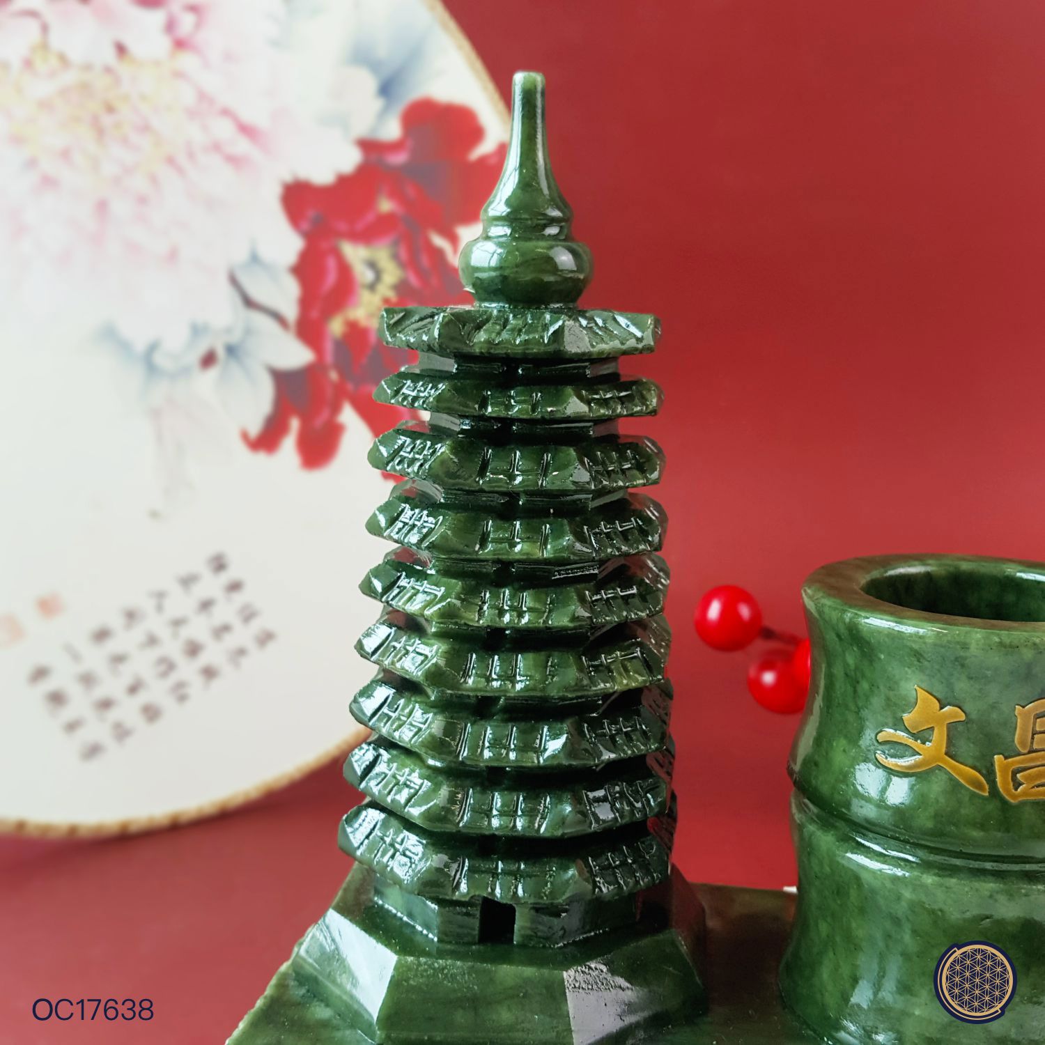 140mm Green Jasper Pagoda With Pen Holder (14CM) 