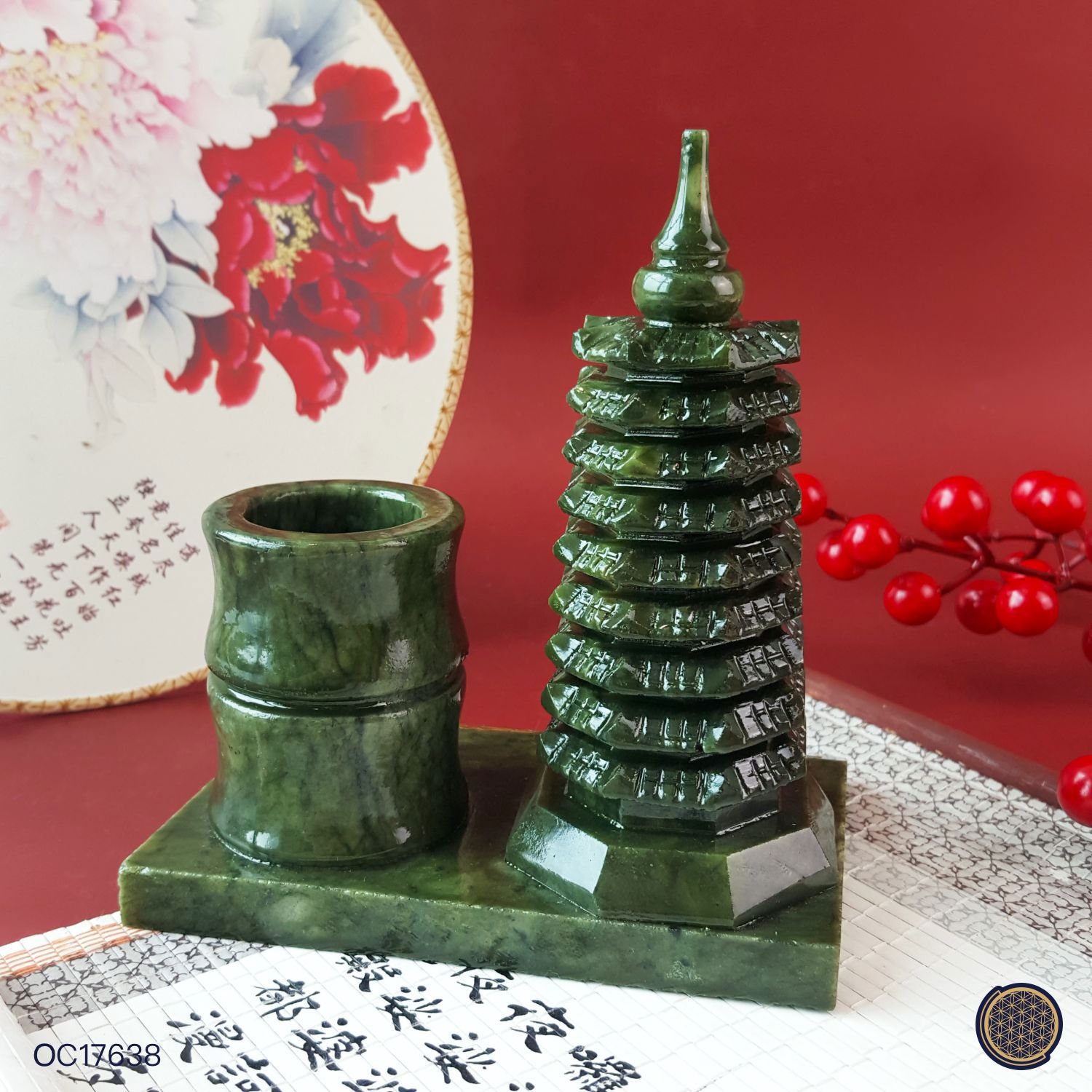 140mm Green Jasper Pagoda With Pen Holder (14CM) 