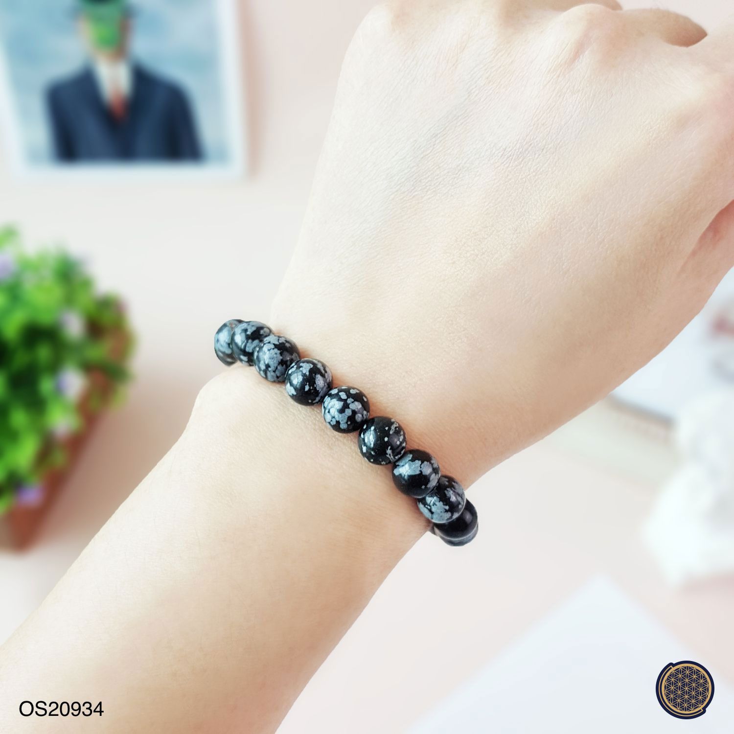 8-8.5mm Snow Black Obsidian Bracelet