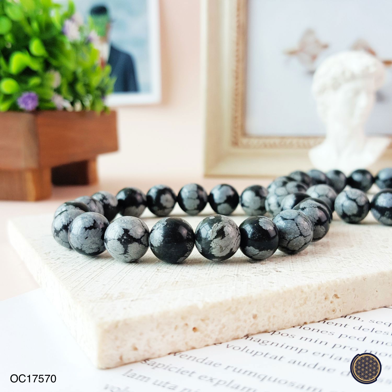 9-10mm Snow Black Obsidian Bracelet