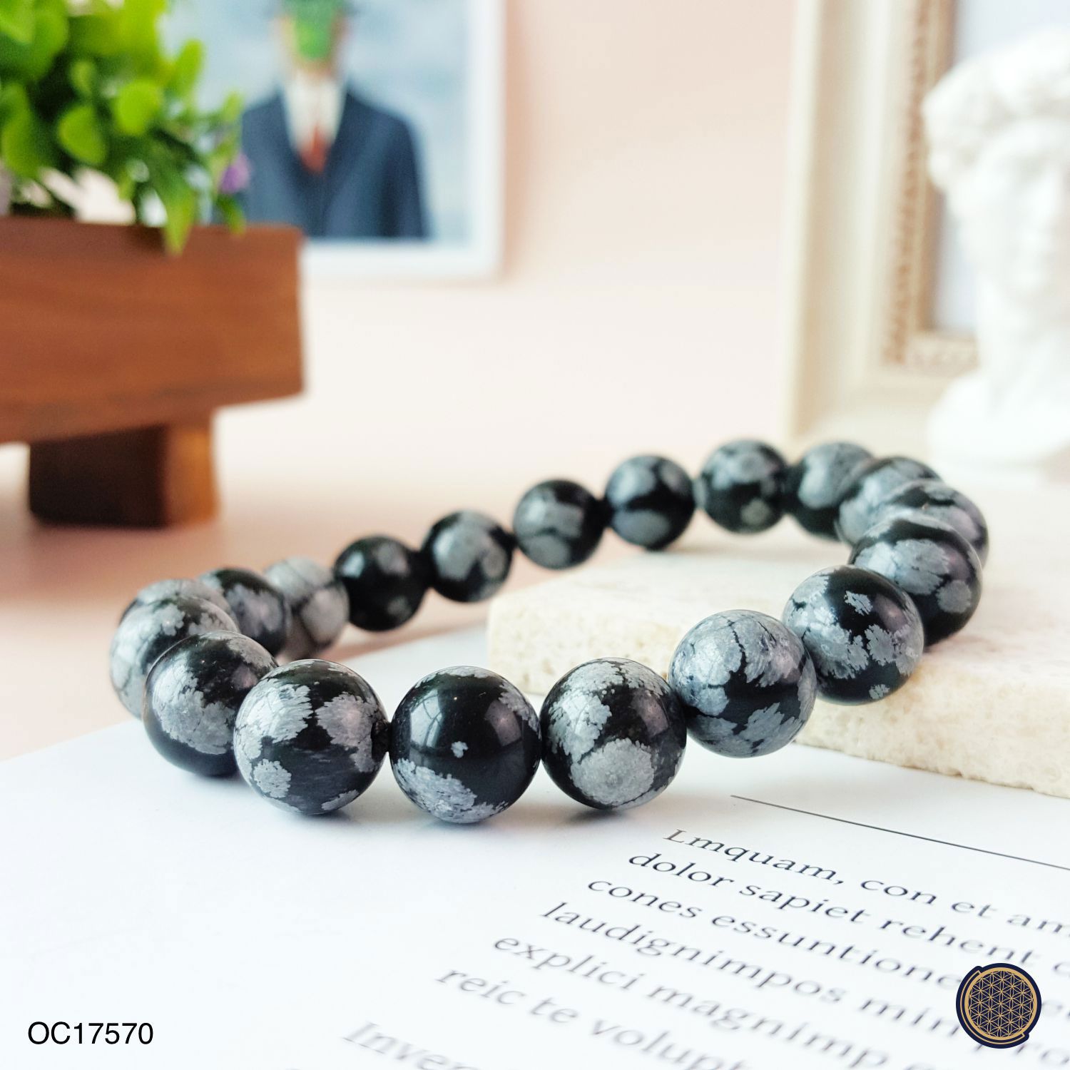 9-10mm Snow Black Obsidian Bracelet