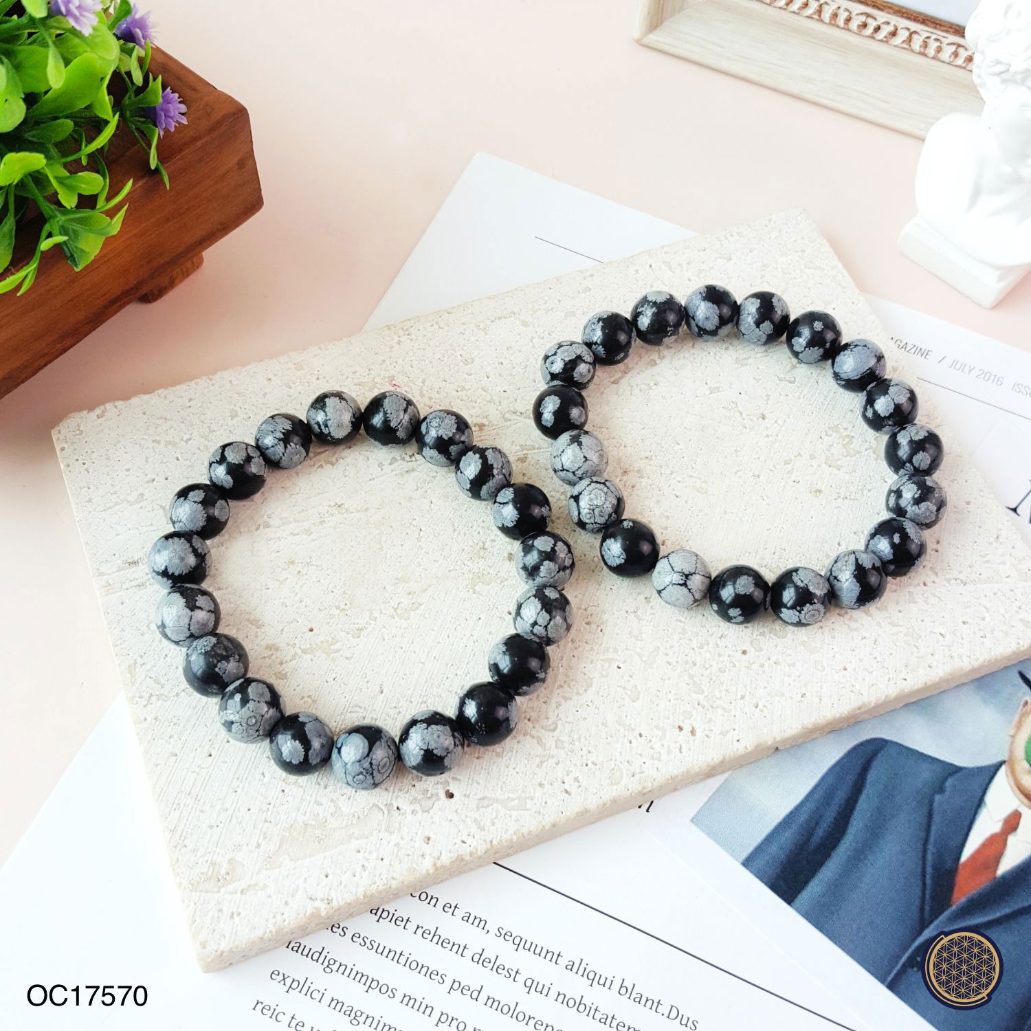 9-10mm Snow Black Obsidian Bracelet