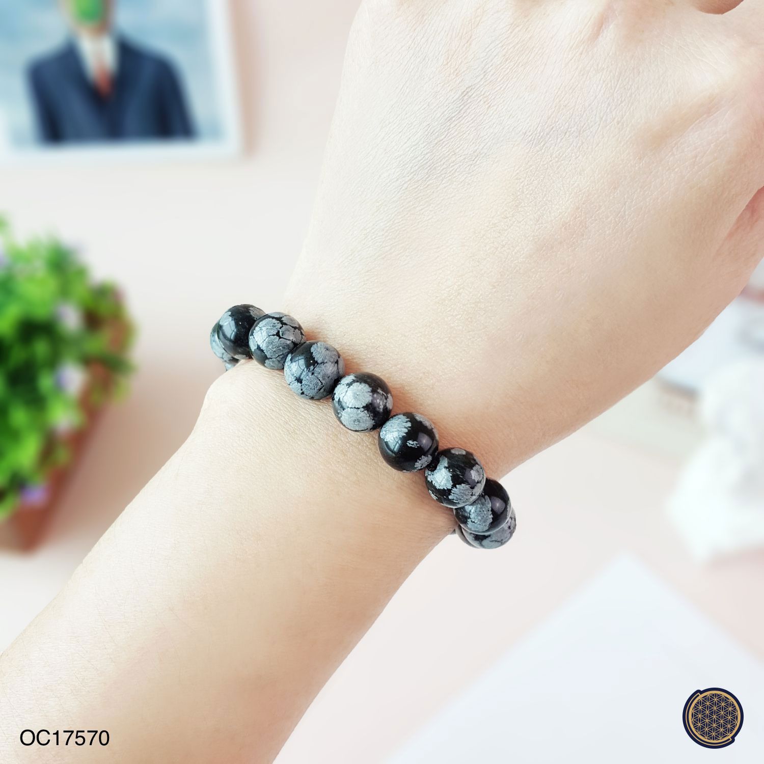 9-10mm Snow Black Obsidian Bracelet