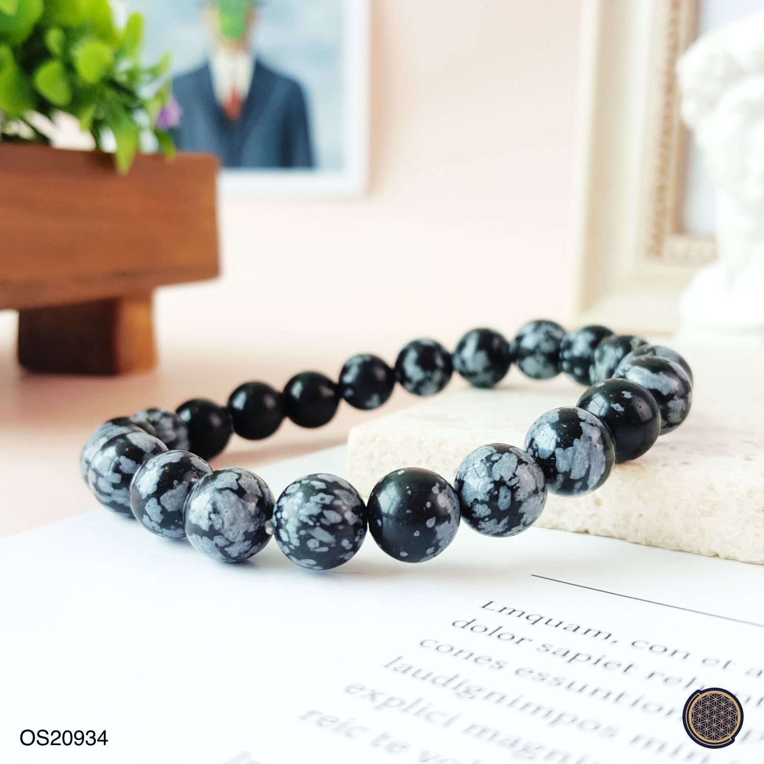 8-8.5mm Snow Black Obsidian Bracelet