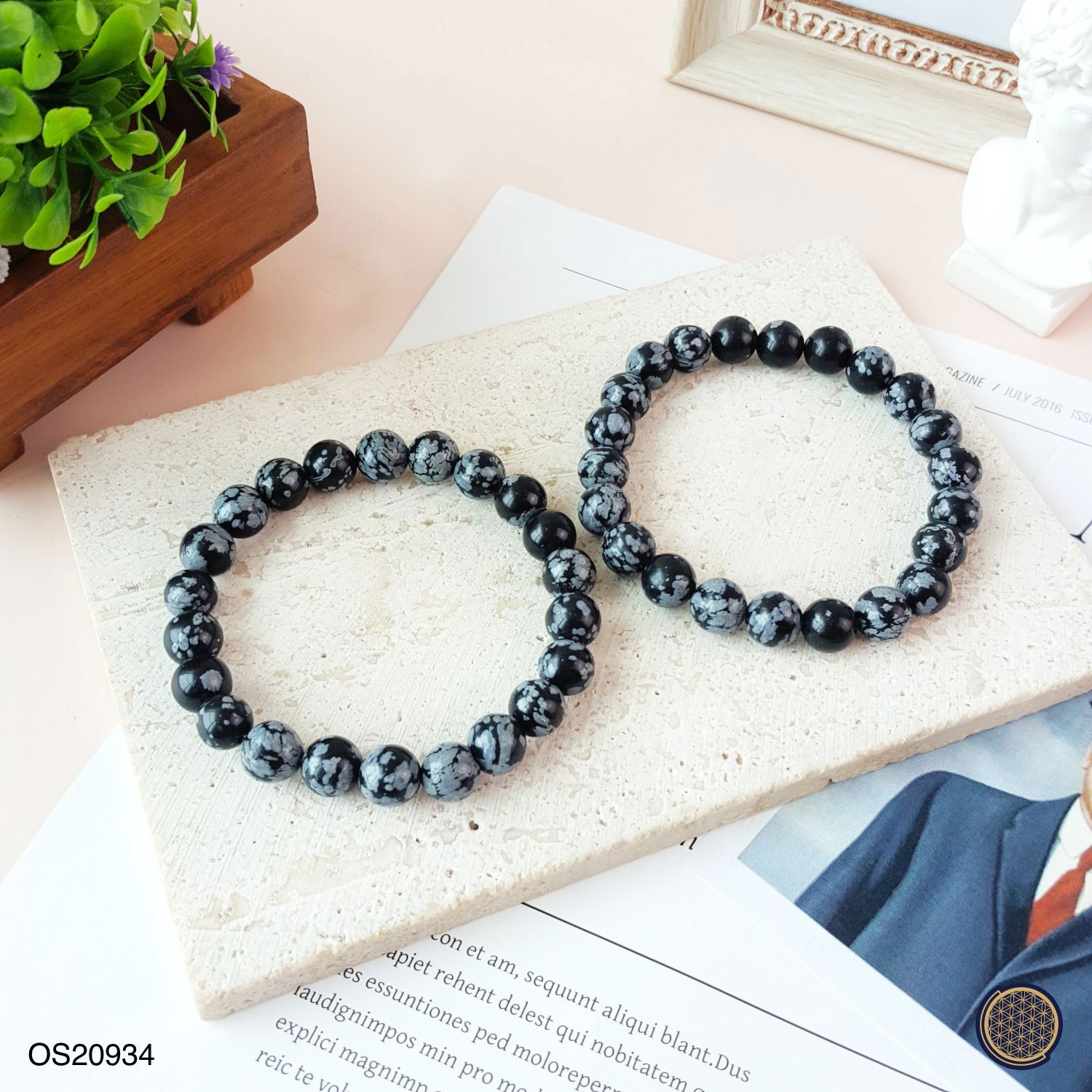 8-8.5mm Snow Black Obsidian Bracelet