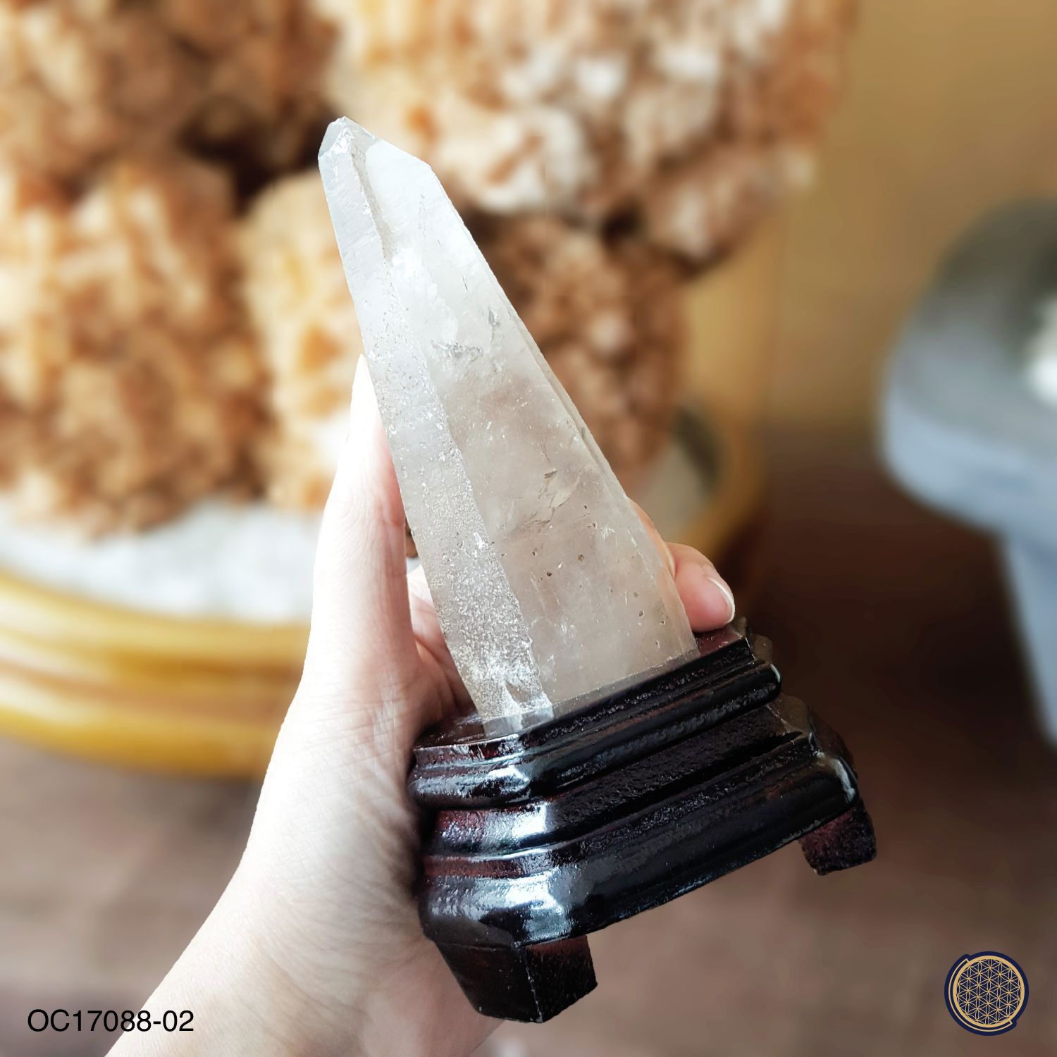 85mm x 150mm Lemurian Crystal With Wood Stand - 0.205KGS 