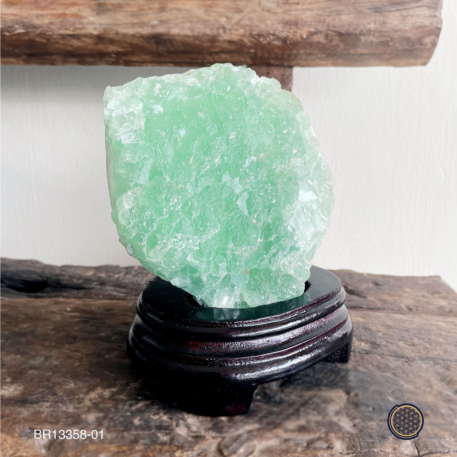 Green Fluorite Raw Stone With Wood Stand 