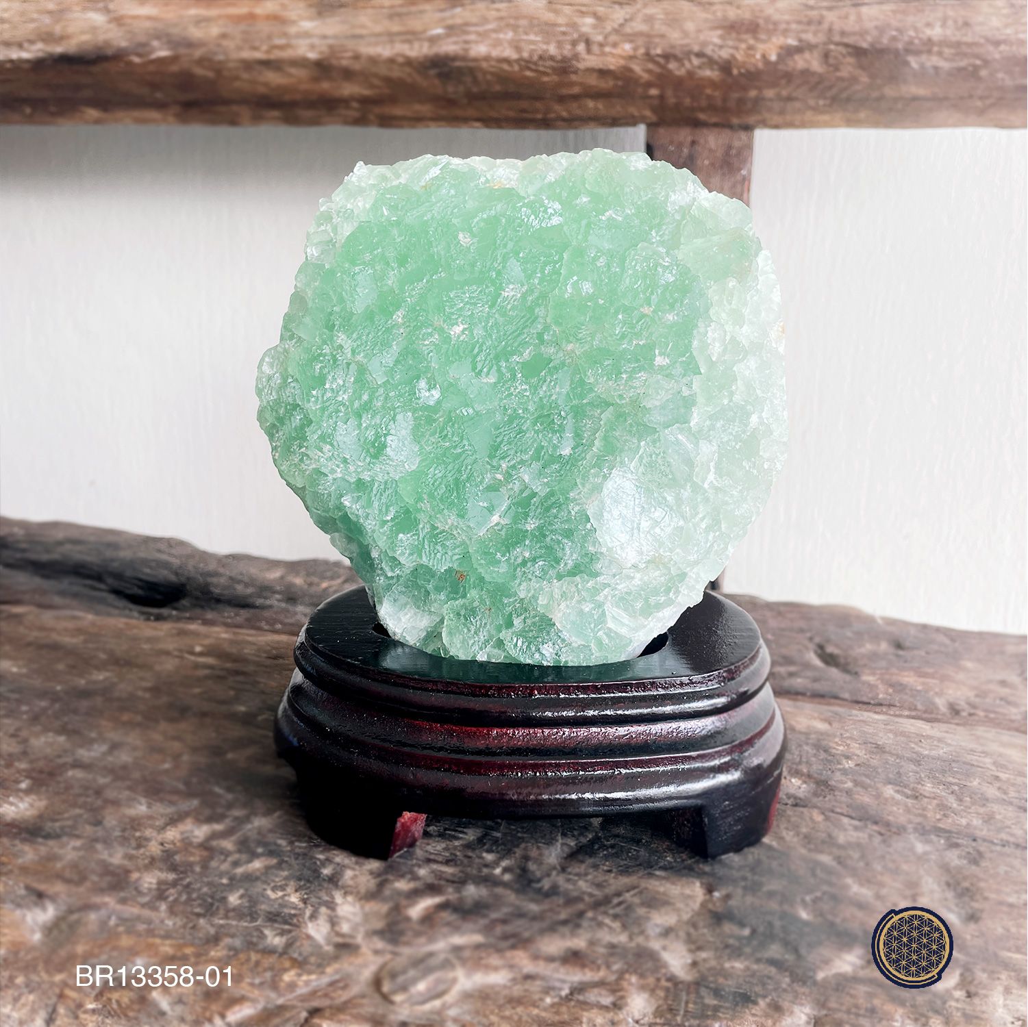 Green Fluorite Raw Stone With Wood Stand 