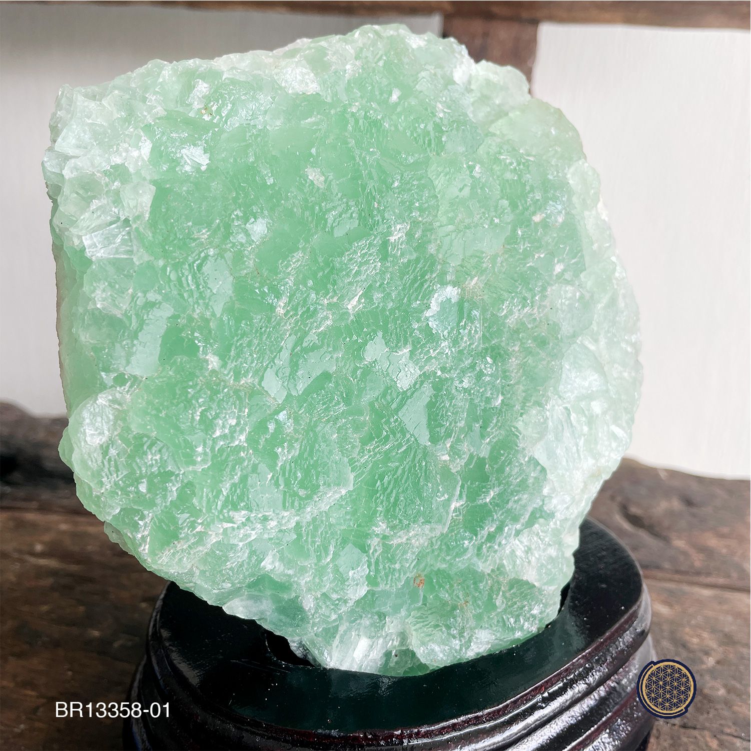 Green Fluorite Raw Stone With Wood Stand 