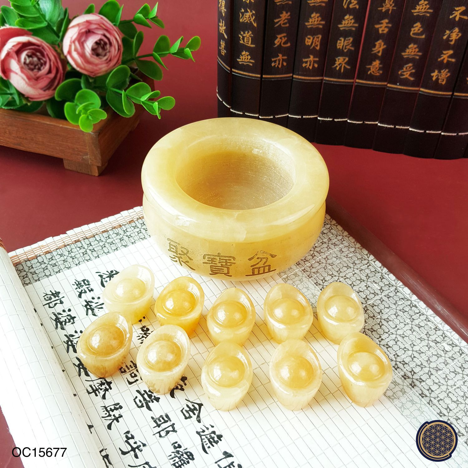 黄玉聚宝盆搭配10颗黄玉元宝(10CM)