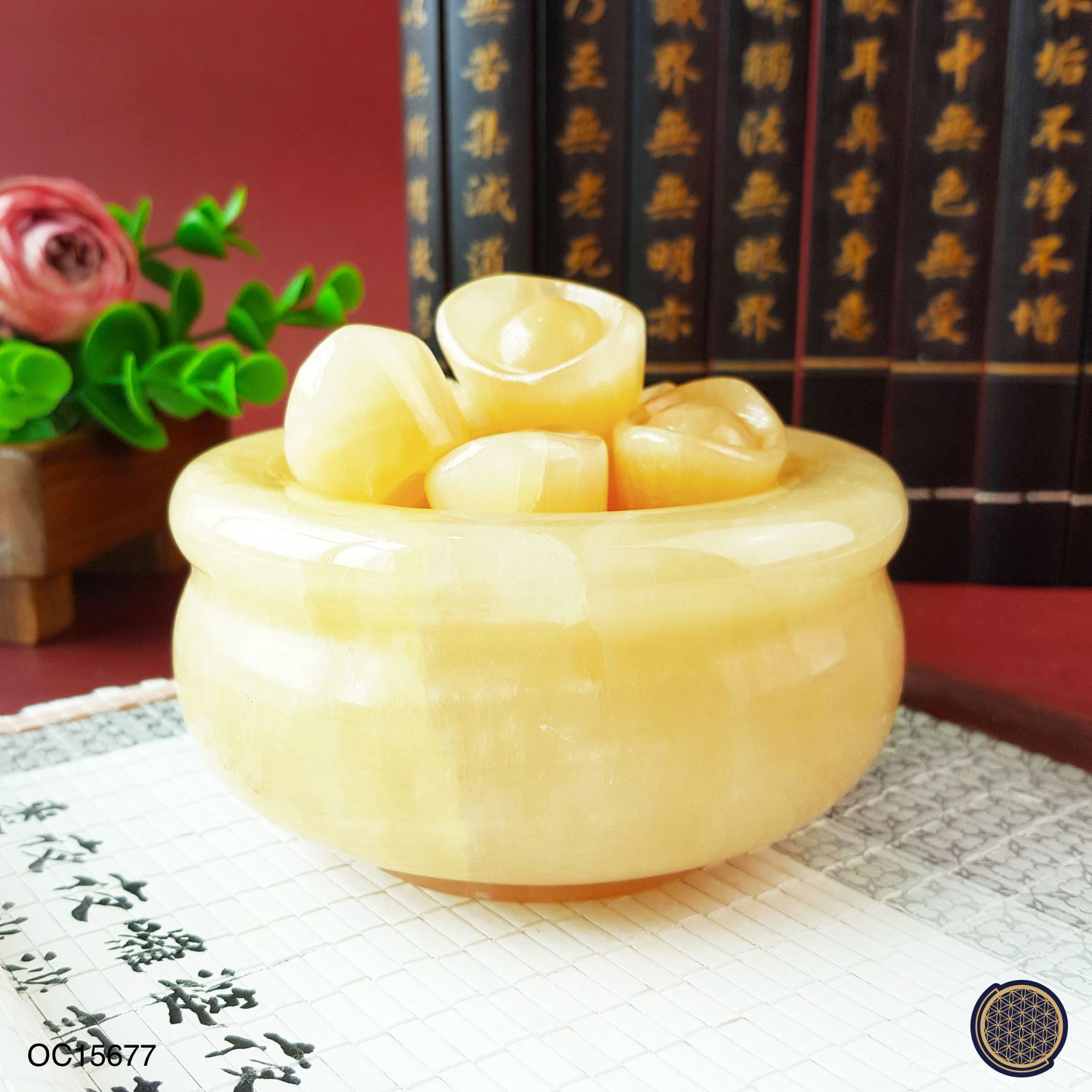 黄玉聚宝盆搭配10颗黄玉元宝(10CM)