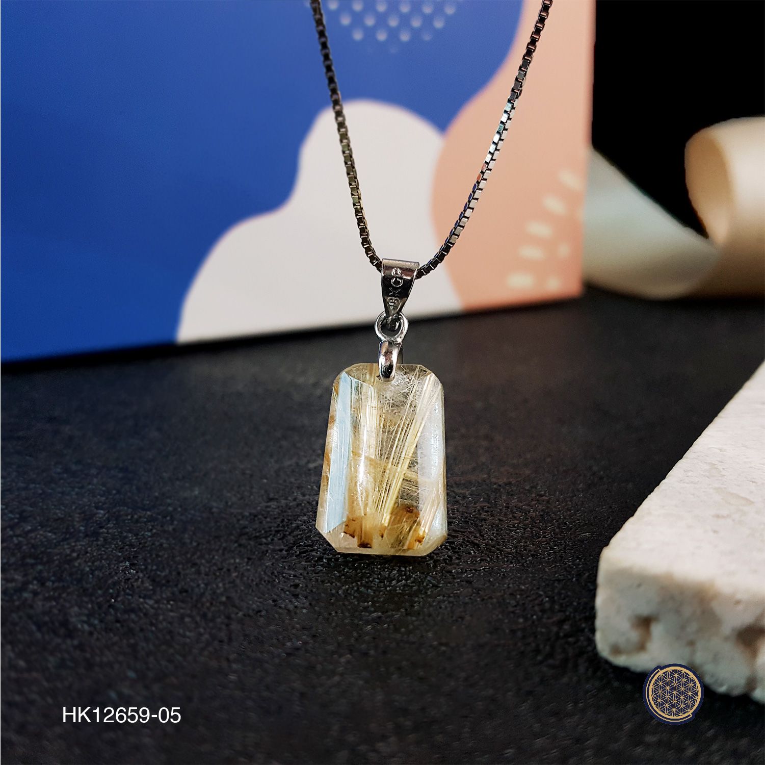 Gold Rutilated Quartz Rectangle  Pendant