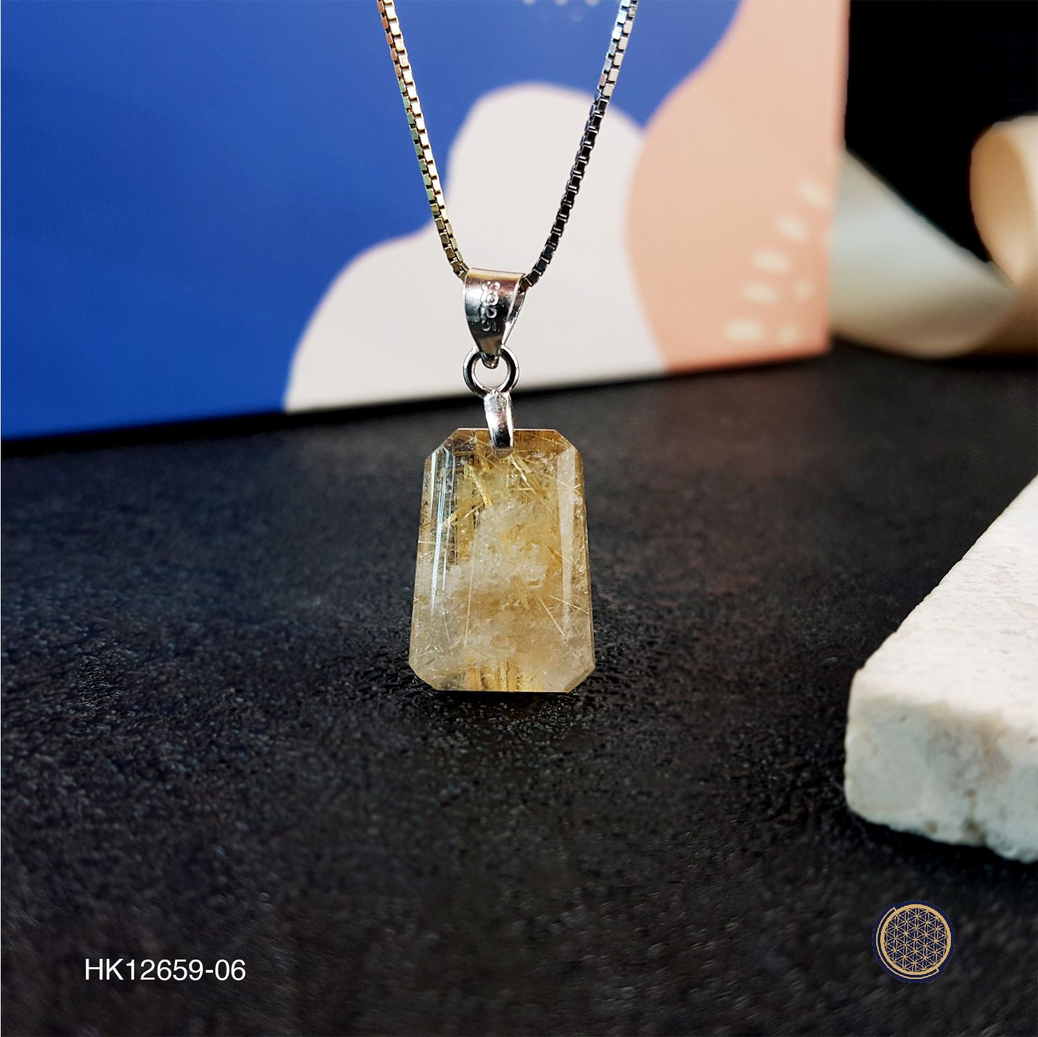 Gold Rutilated Quartz Rectangle  Pendant