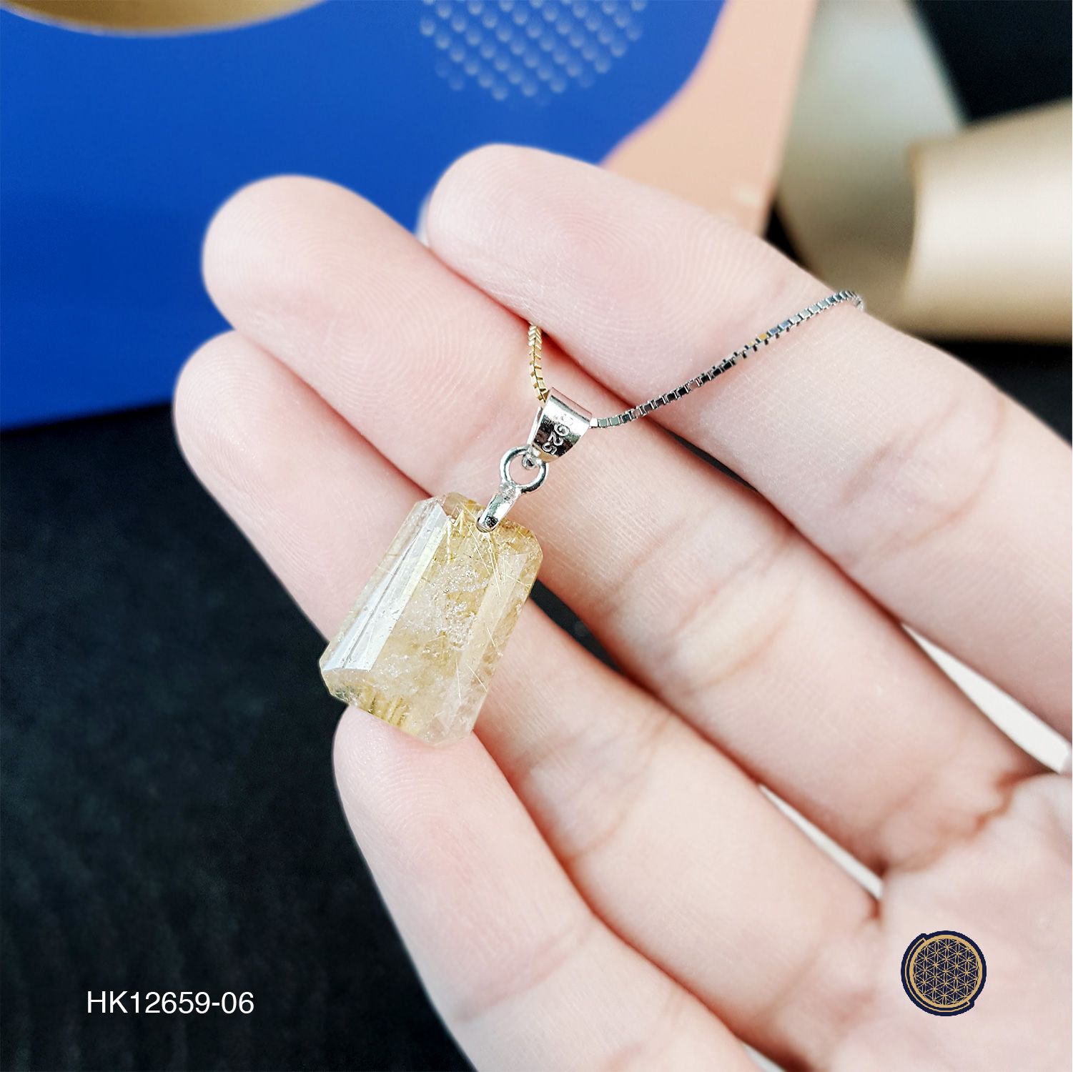 Gold Rutilated Quartz Rectangle  Pendant