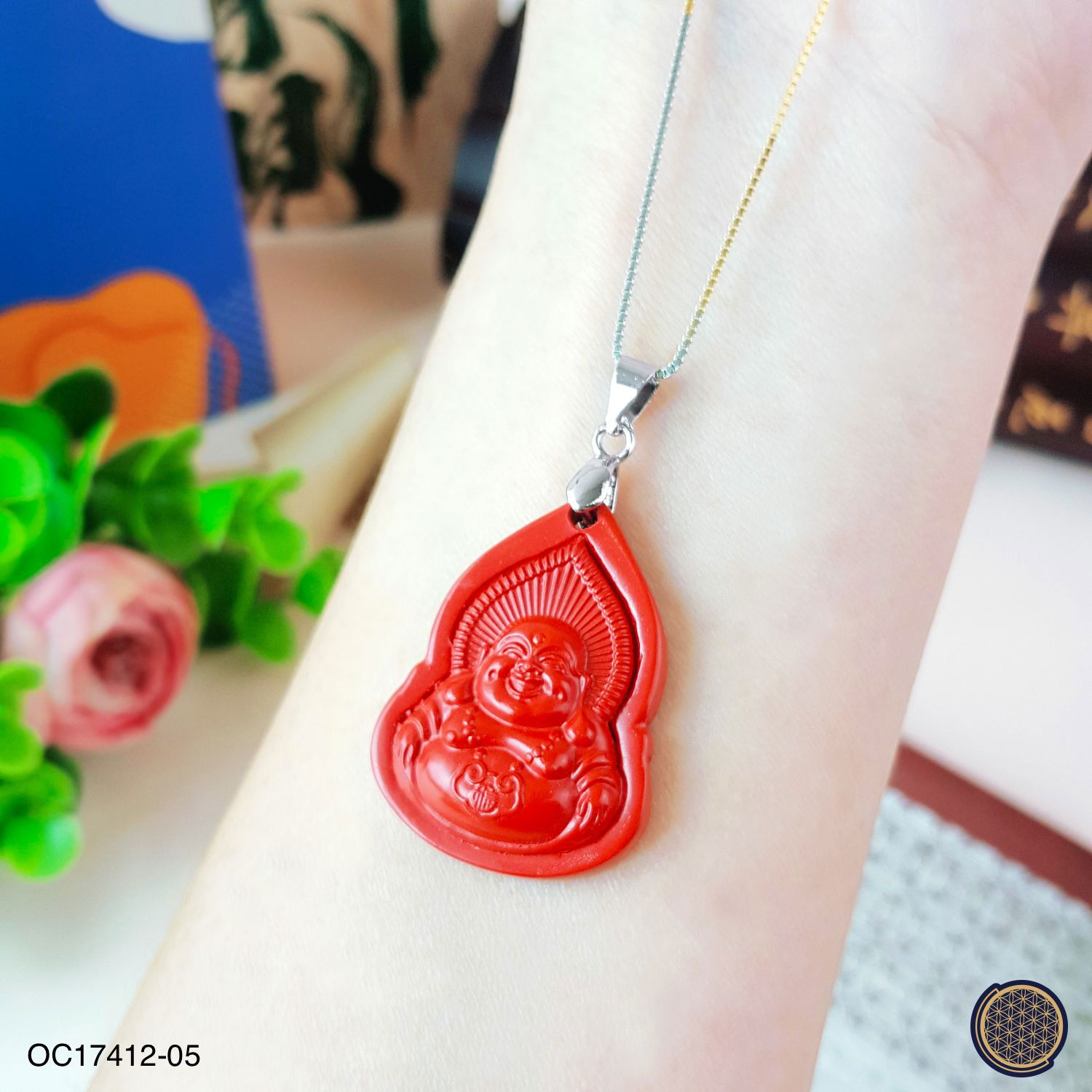 23mm x 49mm Water Filter Cinnabar  Laughing Buddha Pendant