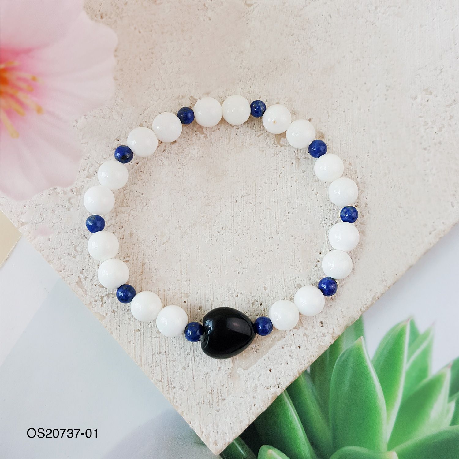 6.5mm Rainbow Black Obsidian  Love Shape+Lapis Lazuli+Tridacna Diy Bracelet