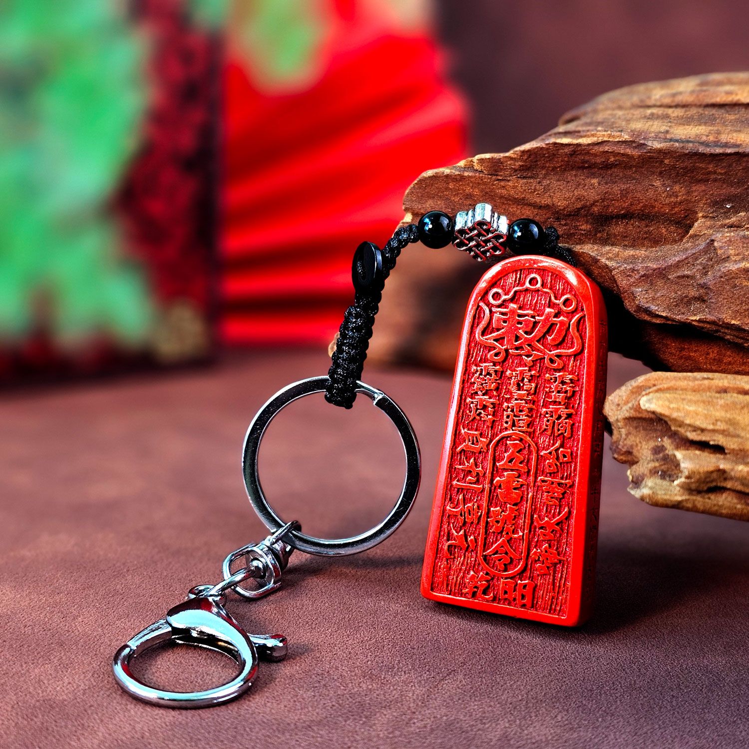 Cinnabar Stone Five Thunder Decree Key Chain