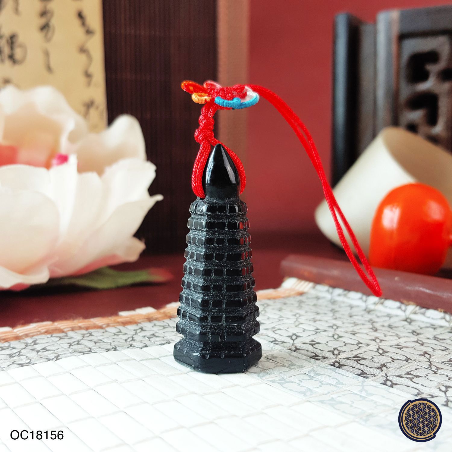 14mm x 39.5mm Black Obsidian Pagoda Charm