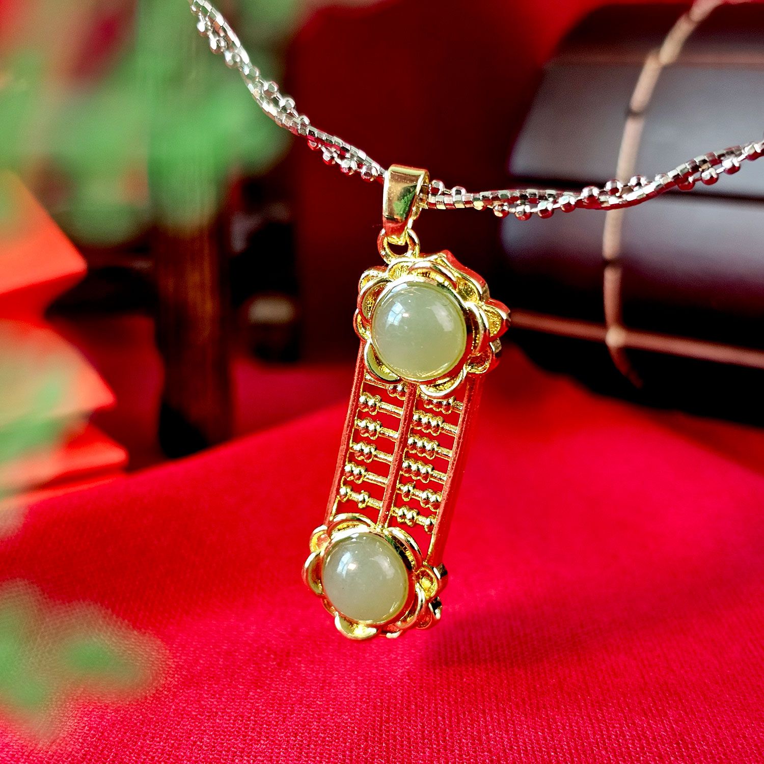 8mm Green Jasper Abacus Pendant - Gold 