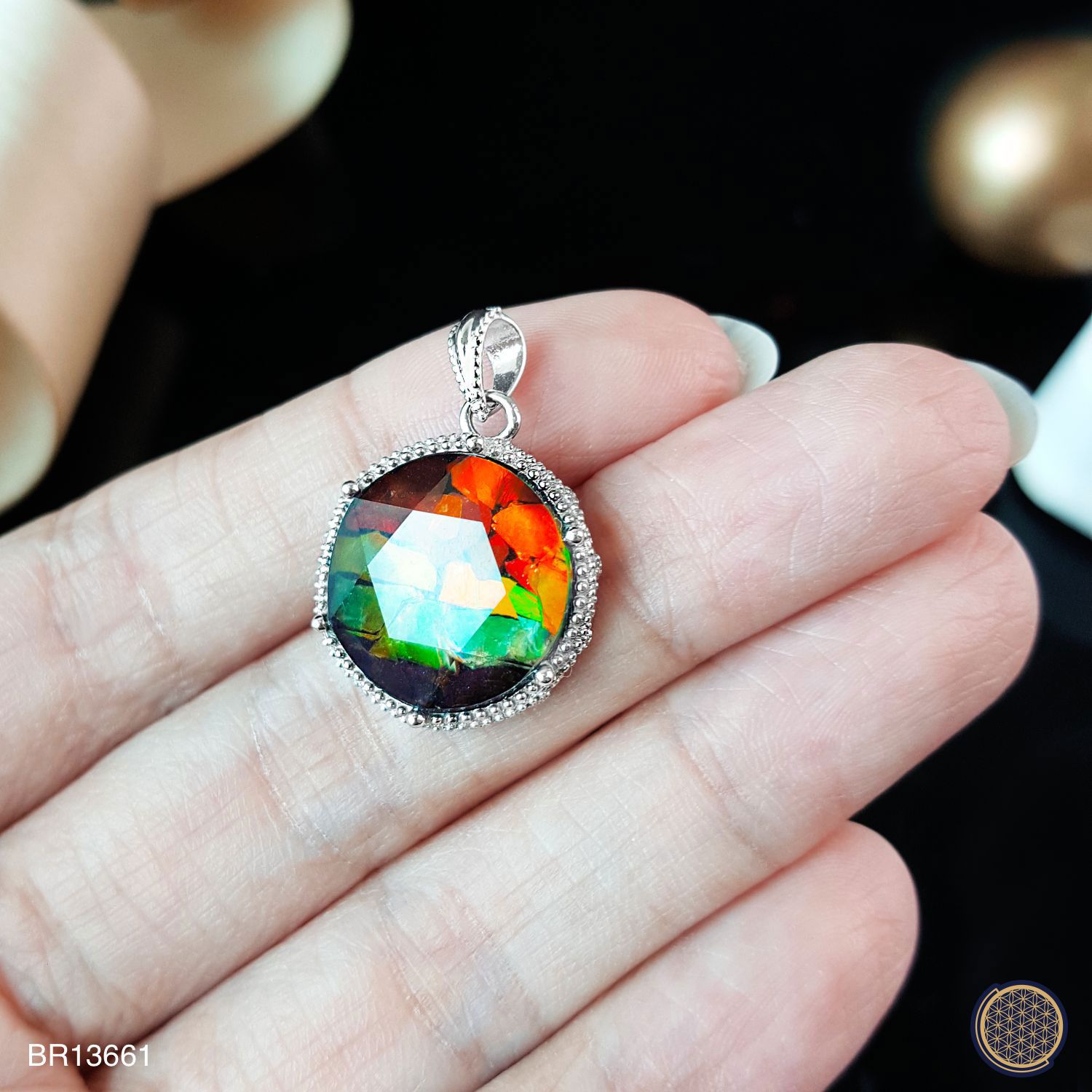 15mm 加拿大斑彩拼图大卫星带生命之花图腾吊坠