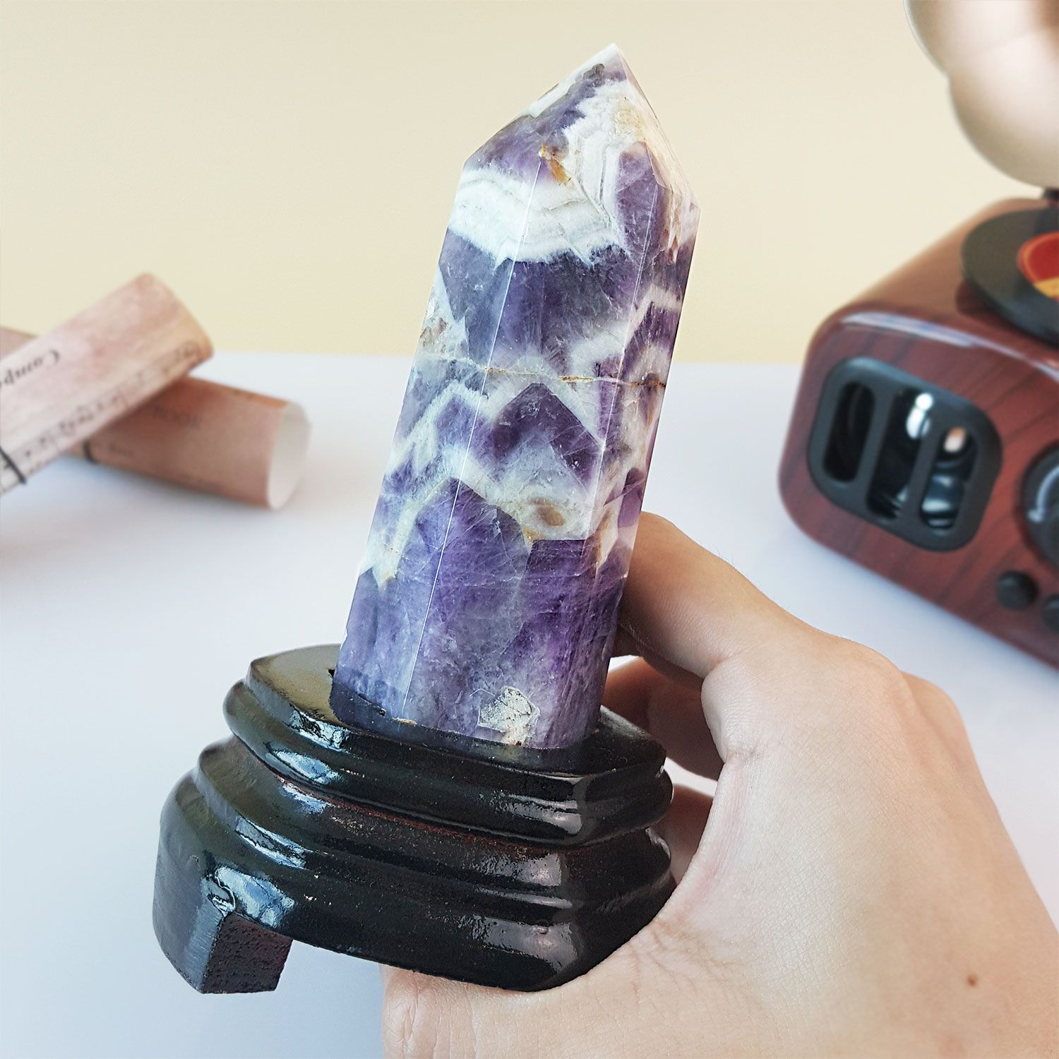 130mm 佛牙紫水晶搭配木座