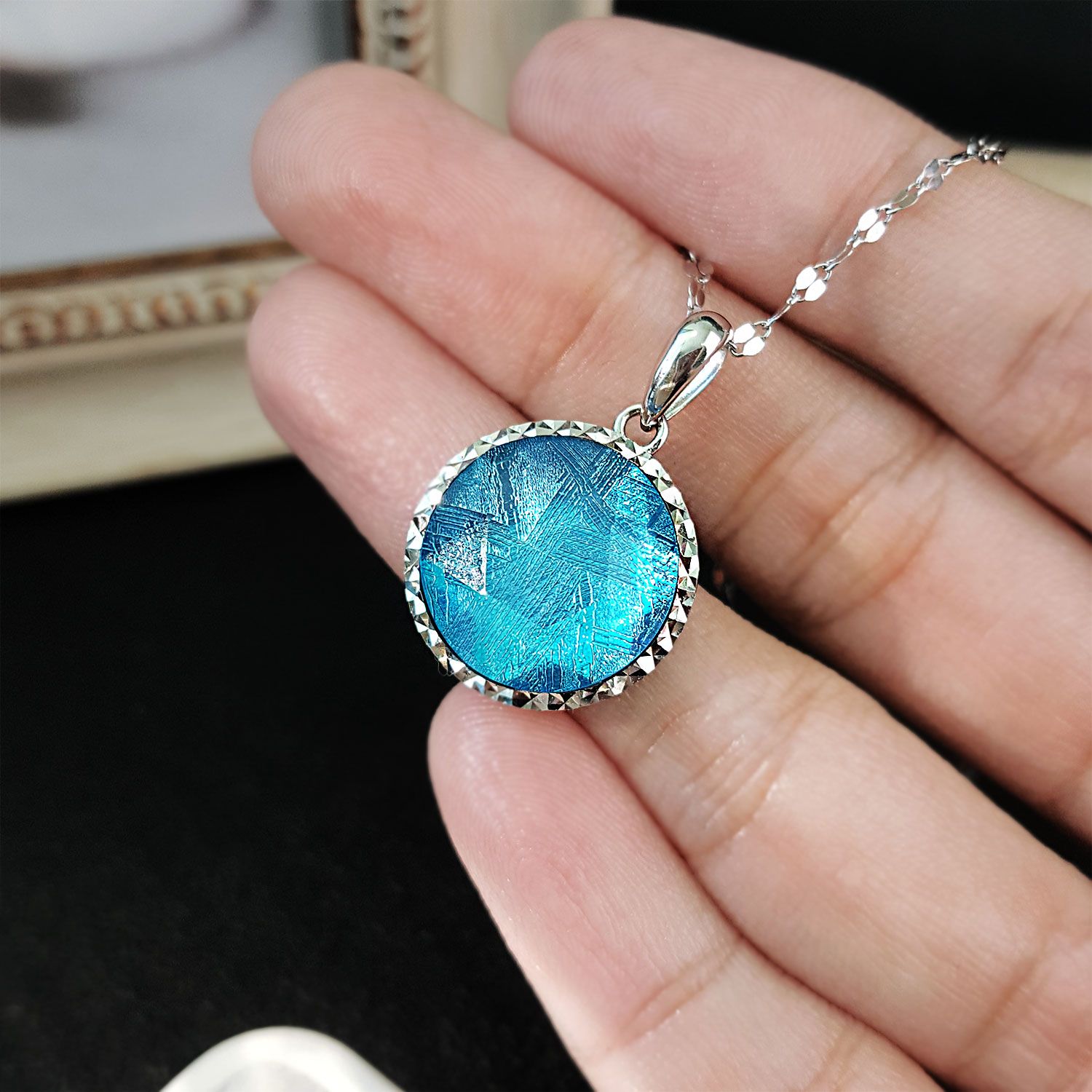 15mm 天铁大卫星与切割框架吊坠-浅蓝色
