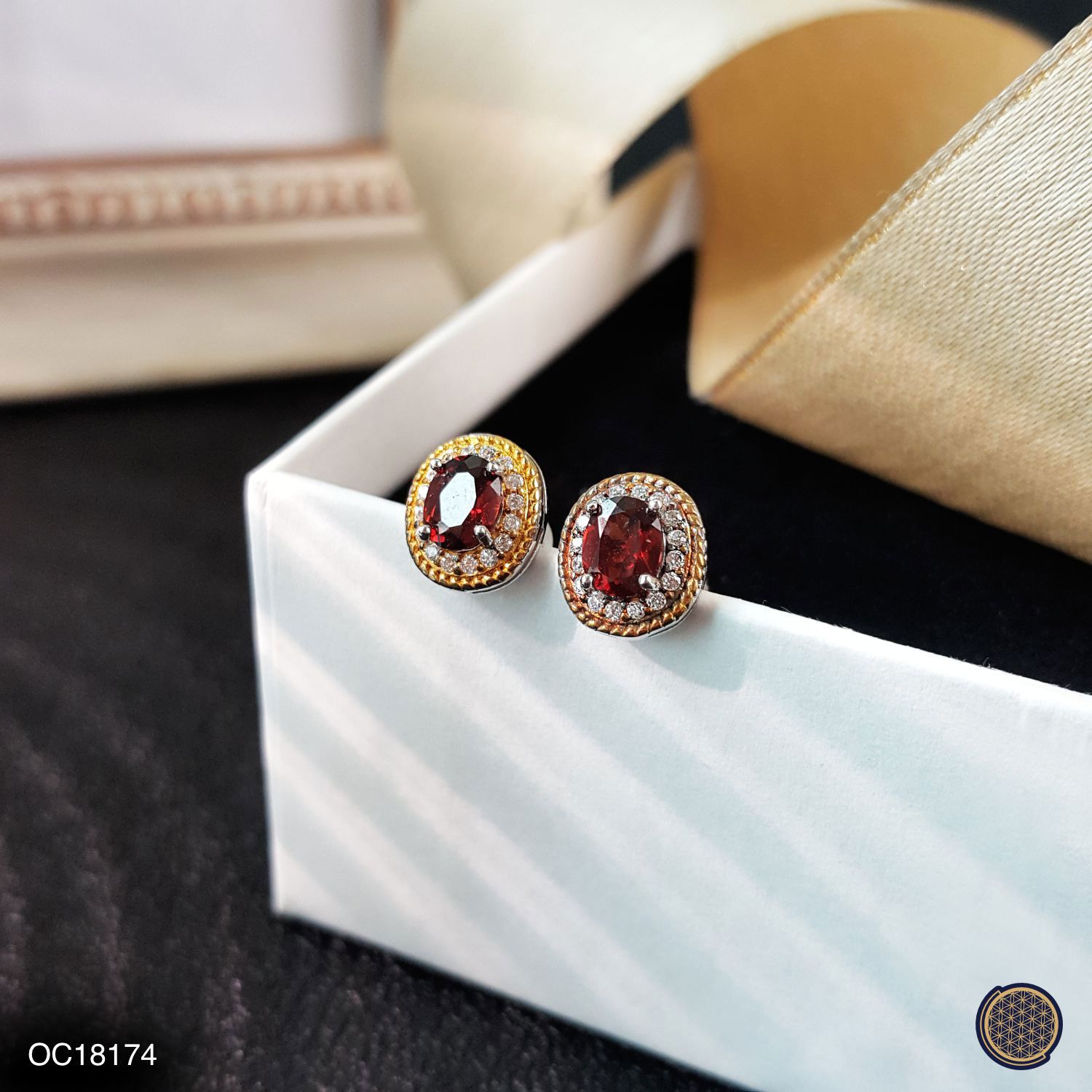 8mm x 9mm Red Garnet Oval Shape With Zircon Gold Bezel Earring (925) 