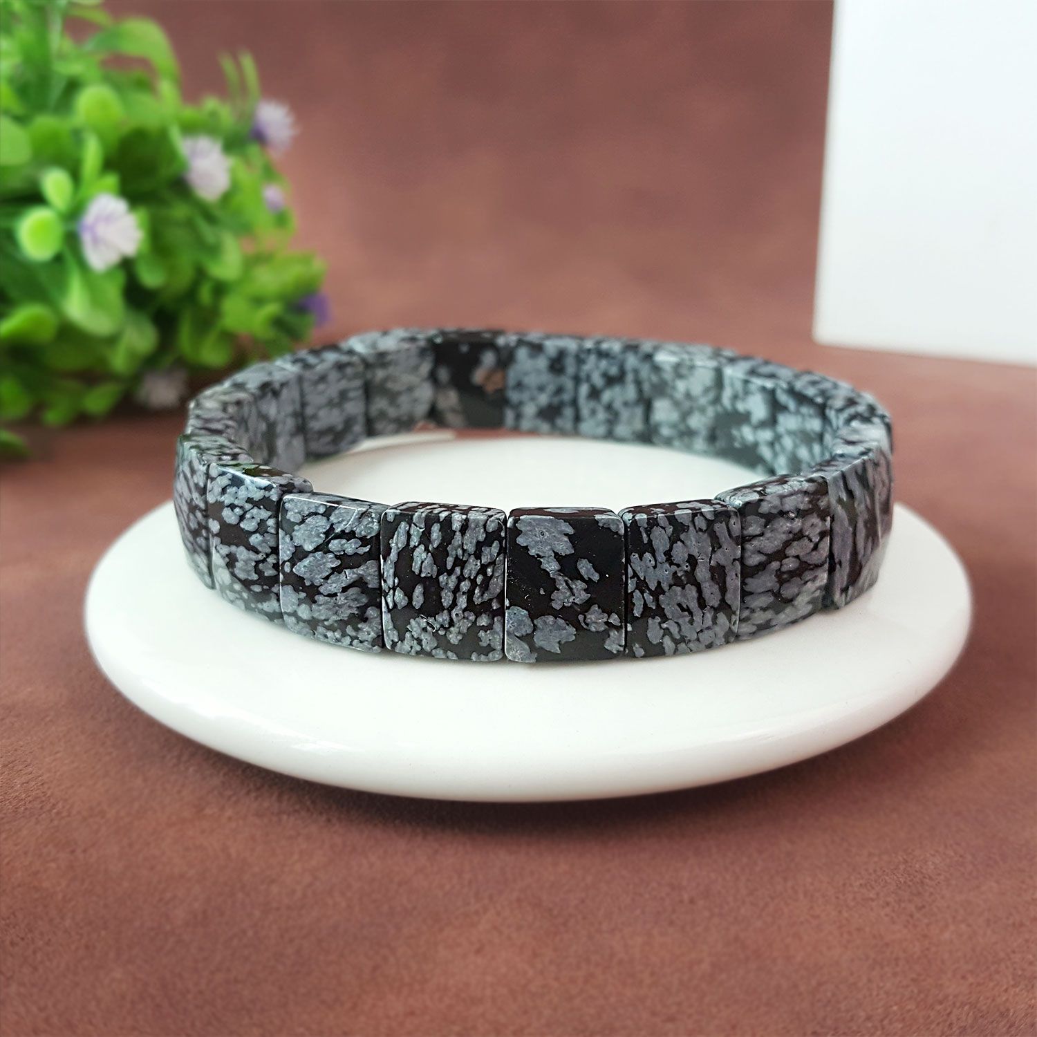 10X12mm 雪花黑曜石长方形角度手排