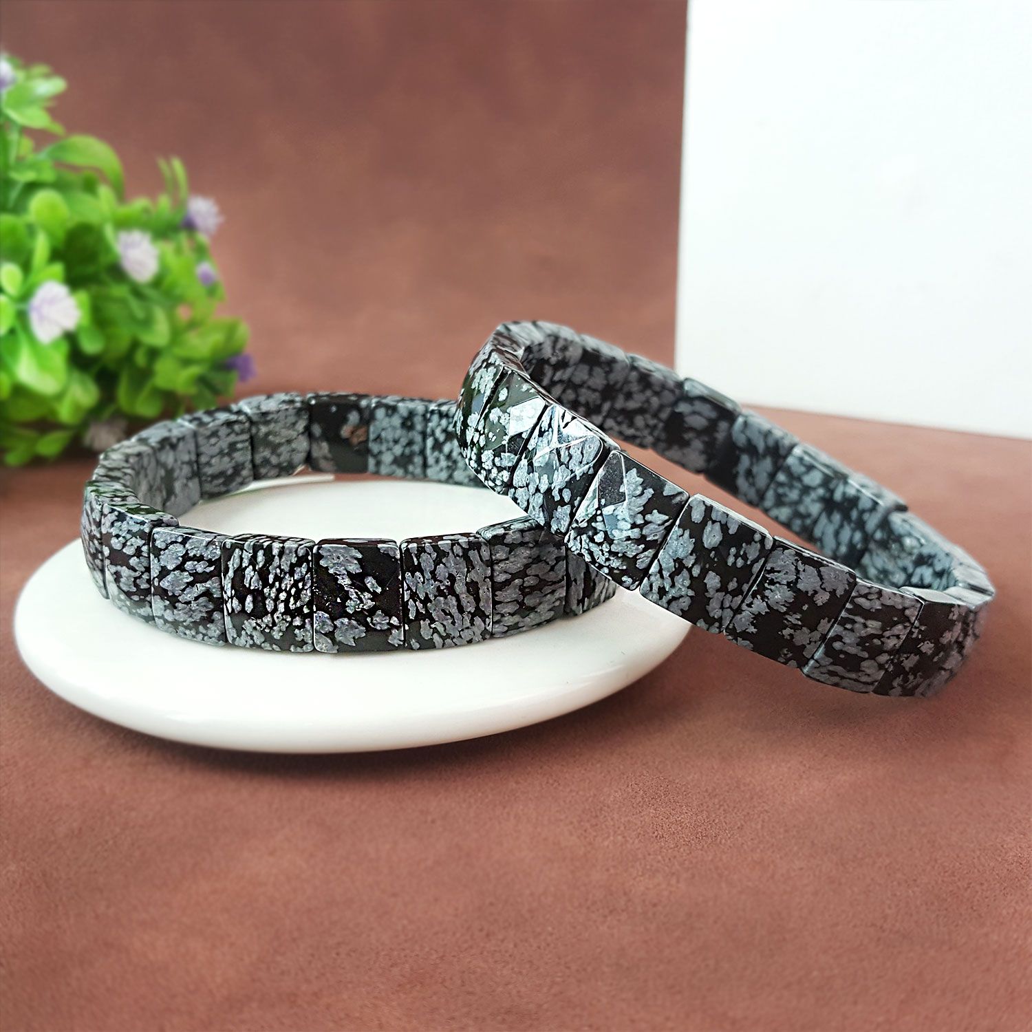 10X12mm 雪花黑曜石长方形角度手排
