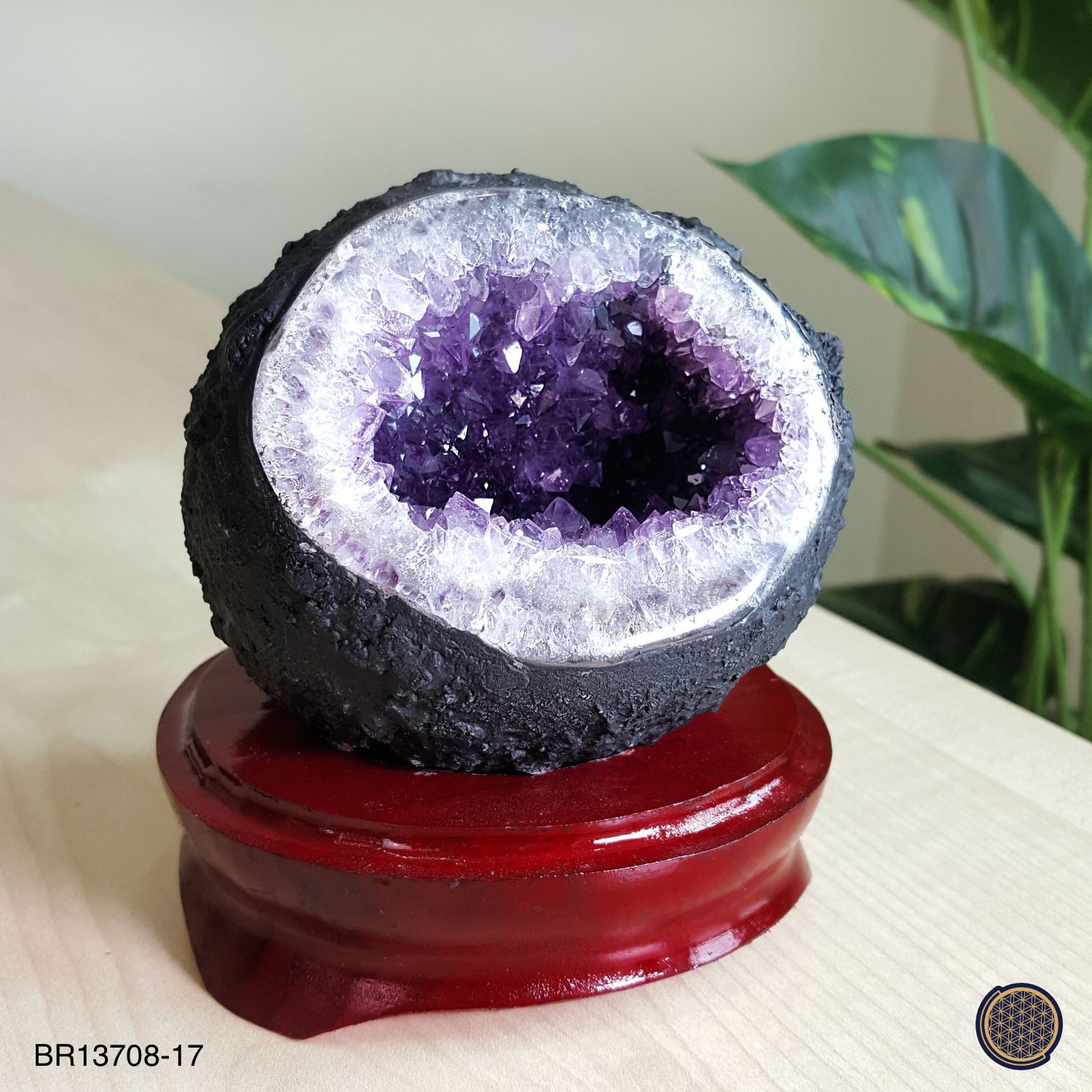 102mm x 120mm 乌拉圭紫水晶洞搭配木座(开口笑)