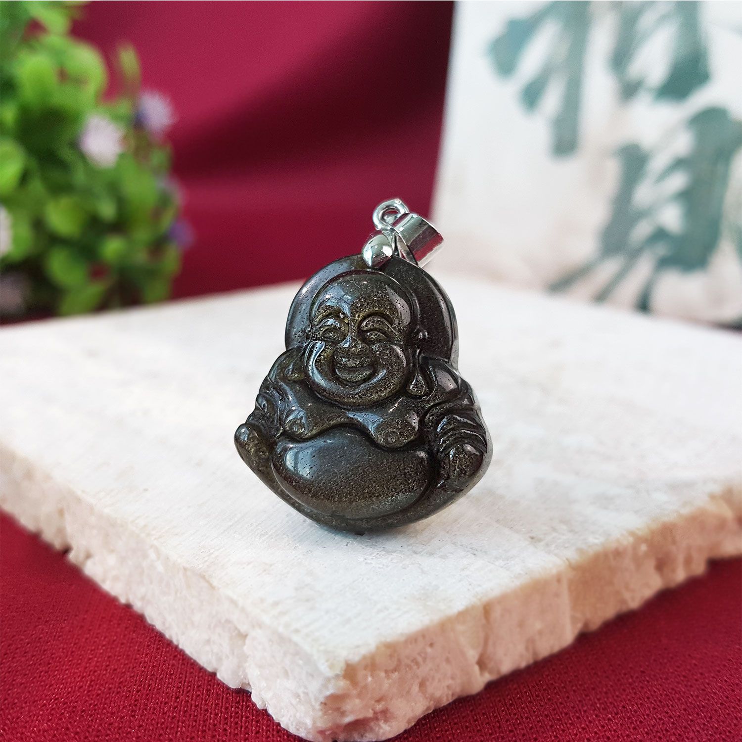 21mm x 32mm Gold Sheen Obsidian Laughing Buddha Pendant
