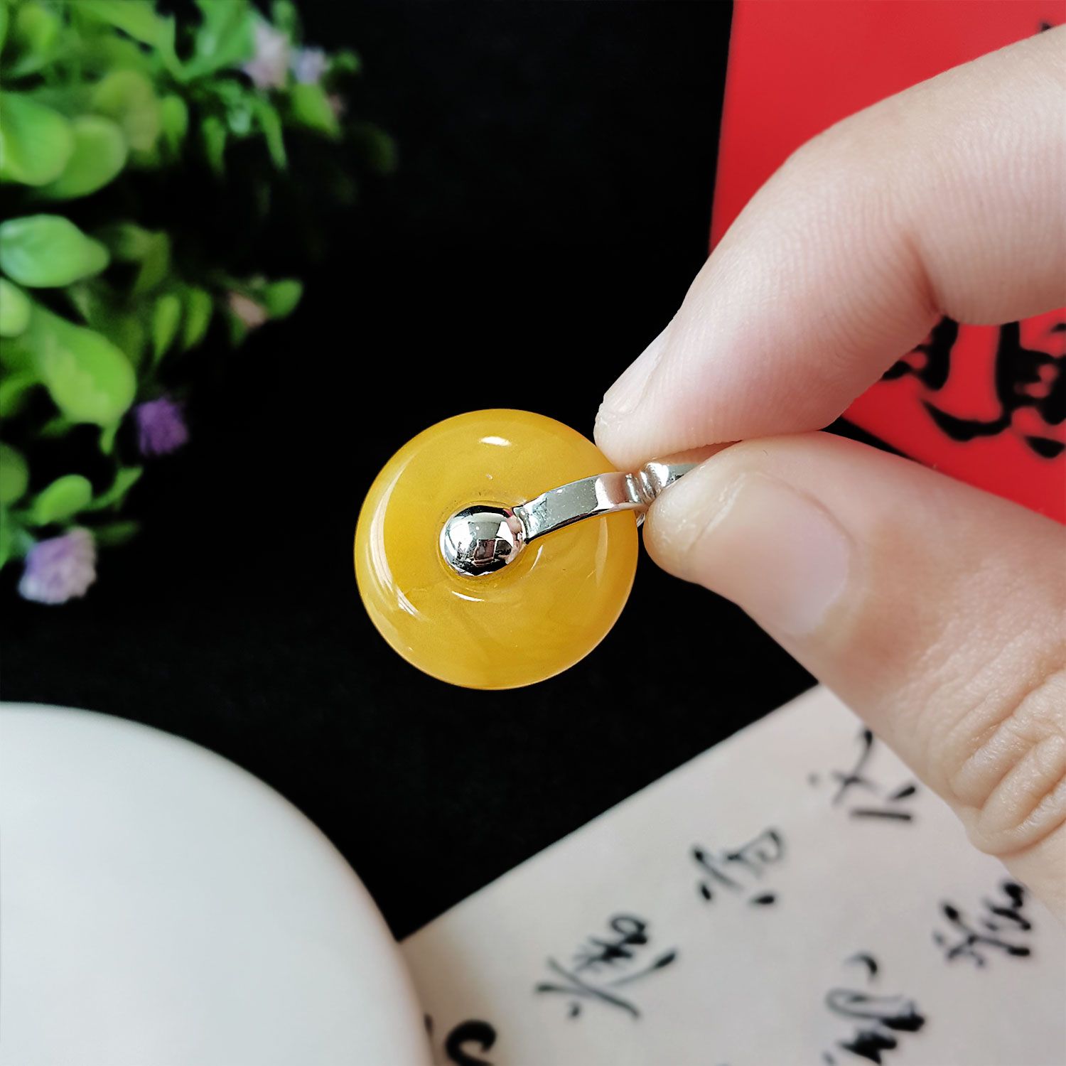 17mm x 25mm 高级琥珀蜜蜡平安扣纯银吊坠