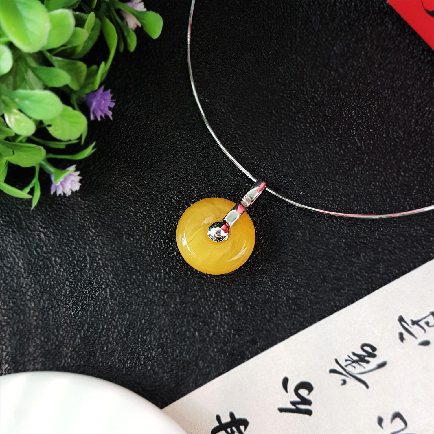 17mm x 25mm 高级琥珀蜜蜡平安扣纯银吊坠