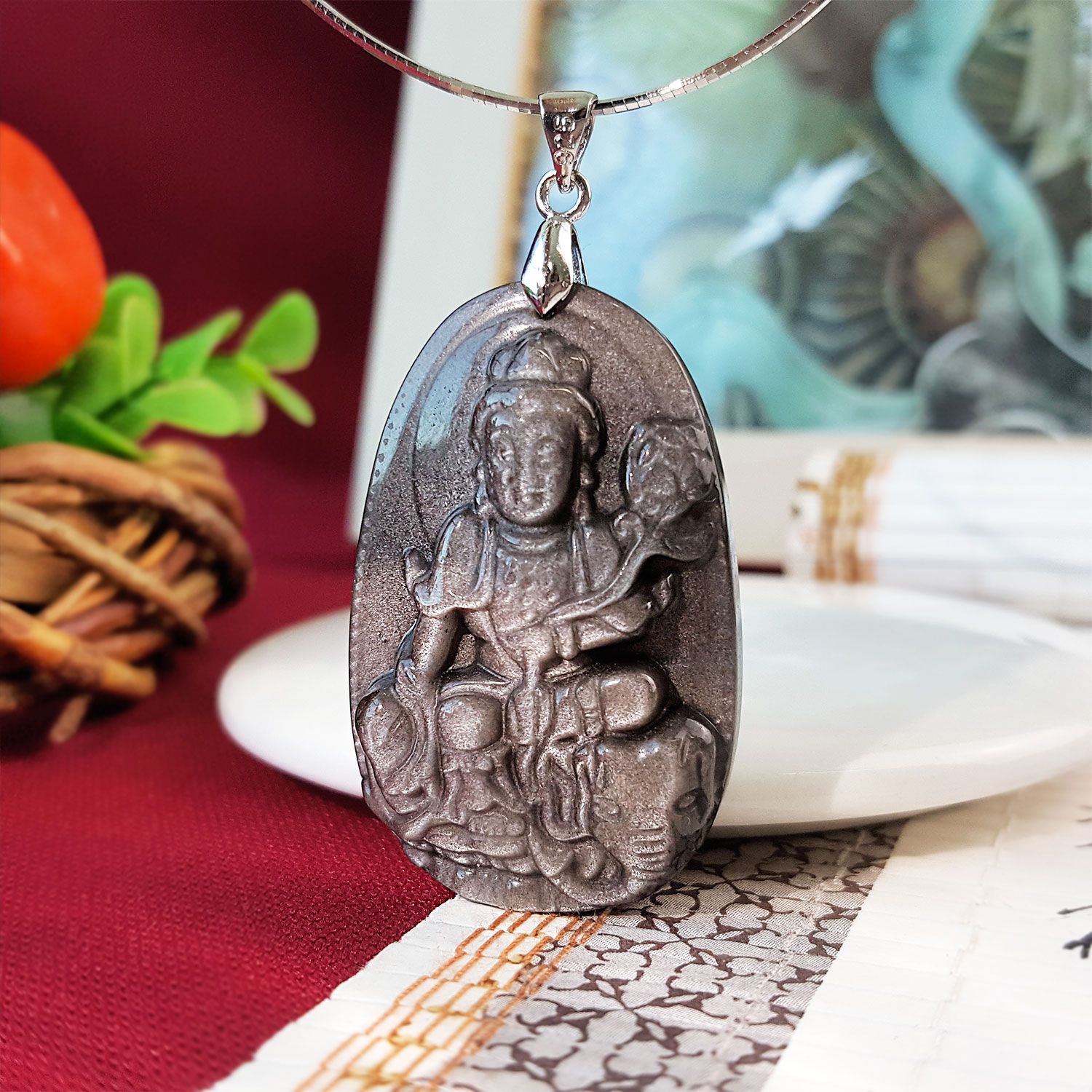 Silver Sheen Obsidian  Zodiac Patronus Pendant - Samantabhadra 