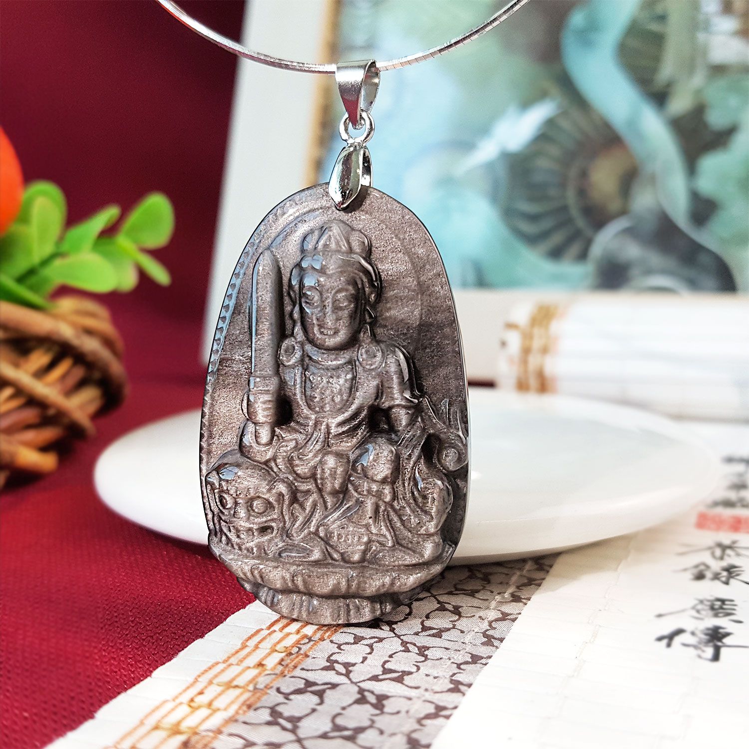 Silver Sheen Obsidian  Zodiac Patronus Pendant - Manjushri 