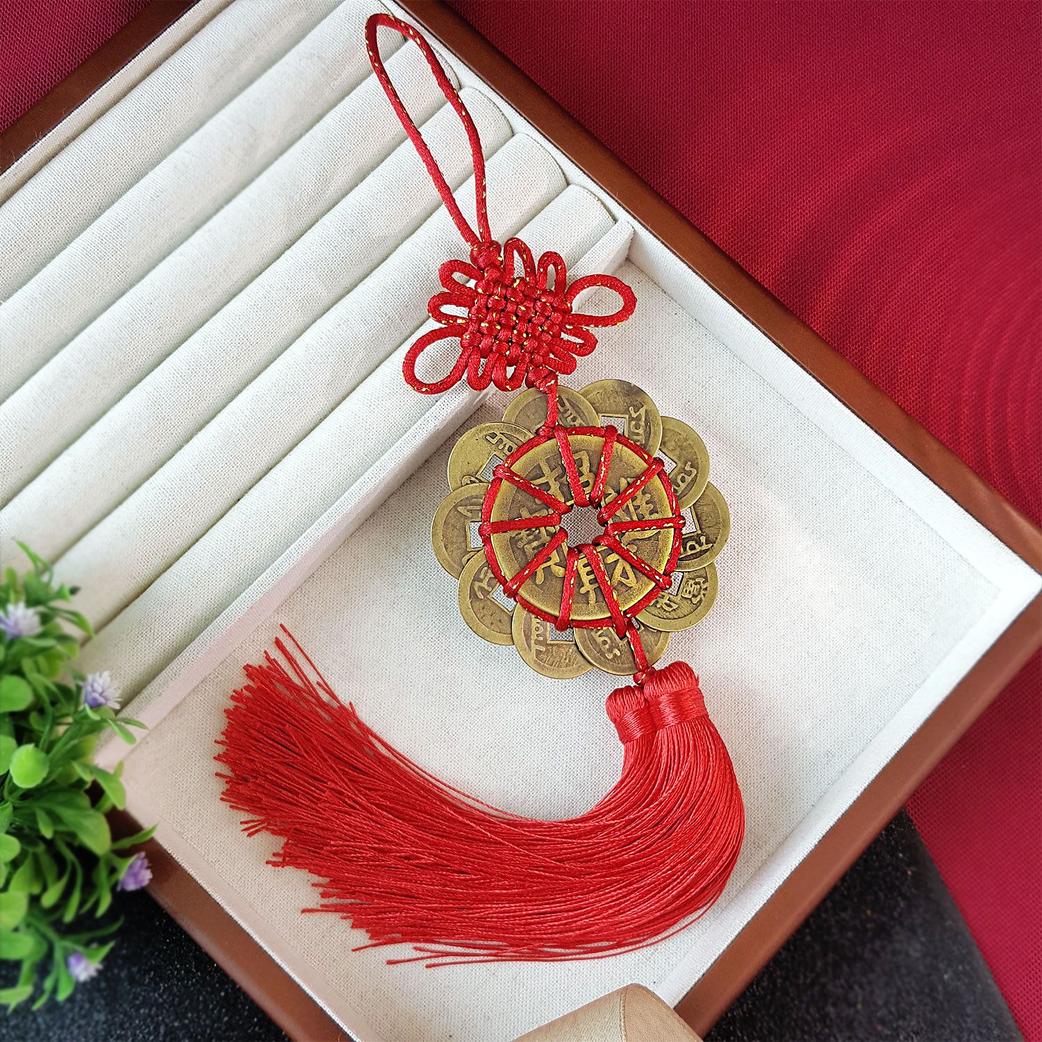 十帝铜钱吊饰 - 红色蝴蝶结