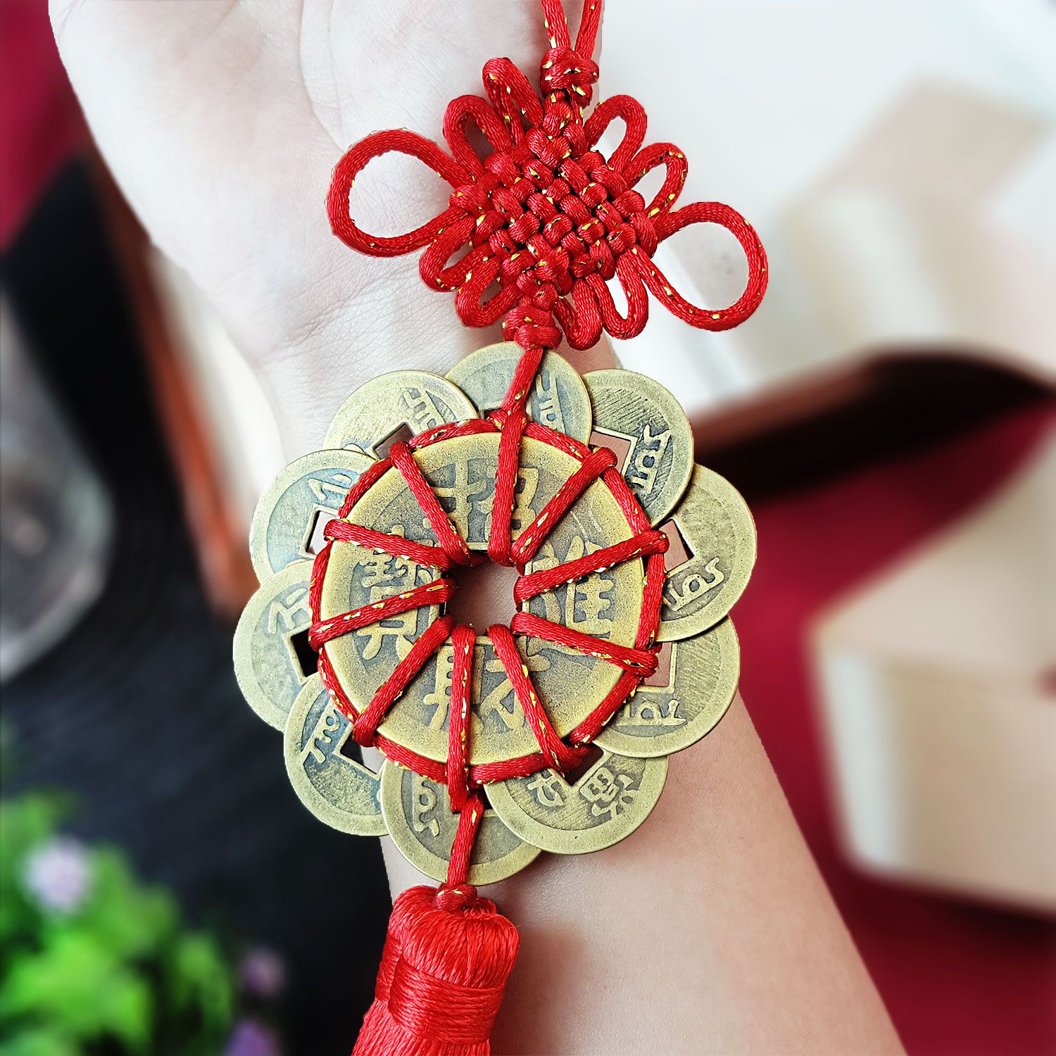 十帝铜钱吊饰 - 红色蝴蝶结